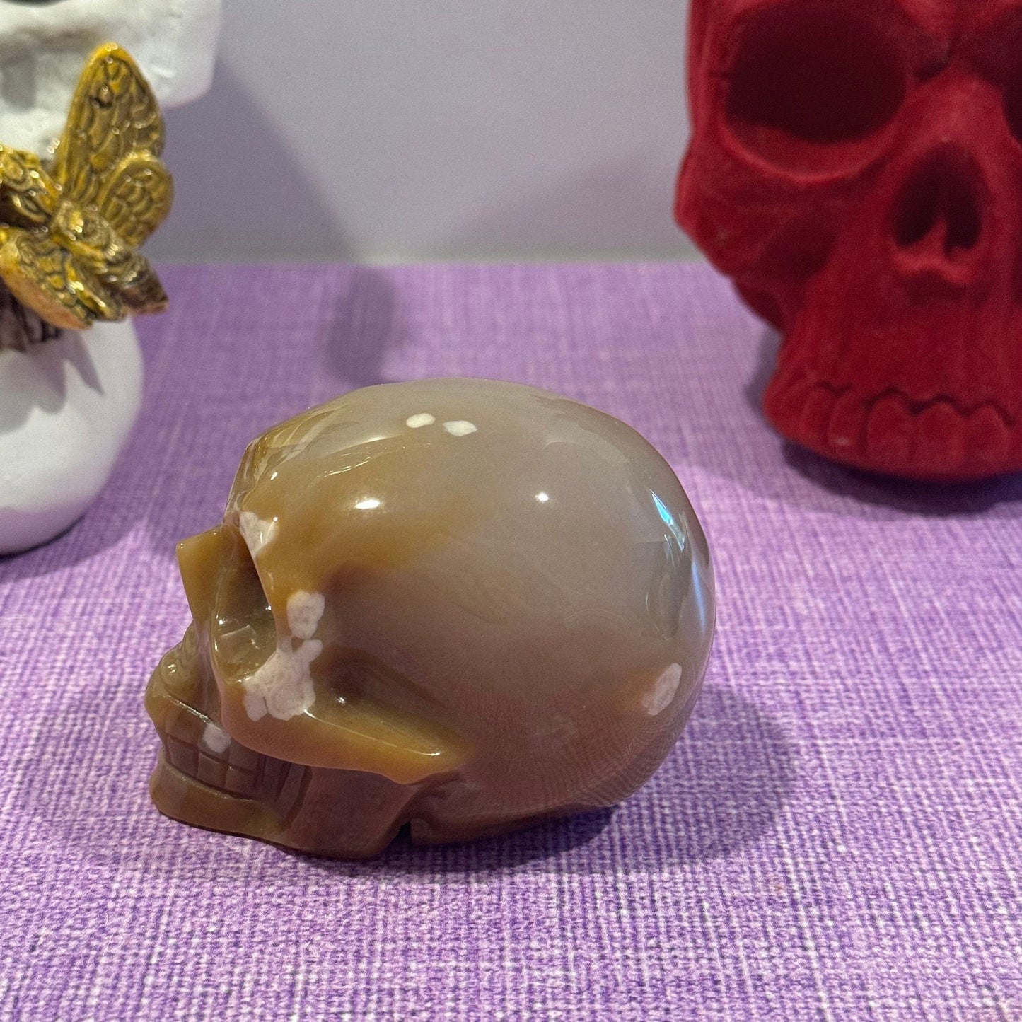 Flower Agate Skull Carving (3.25")