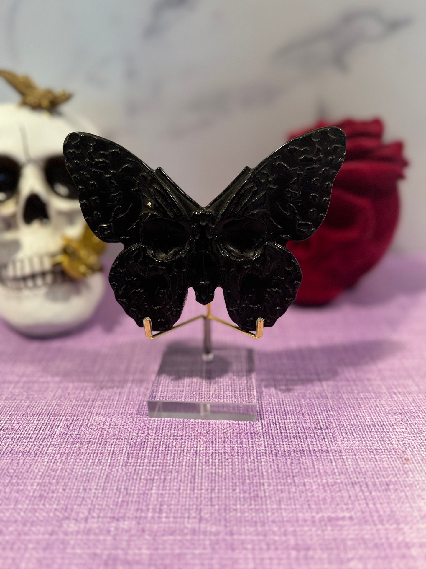 Black Obsidian Butterfly Skull Carving