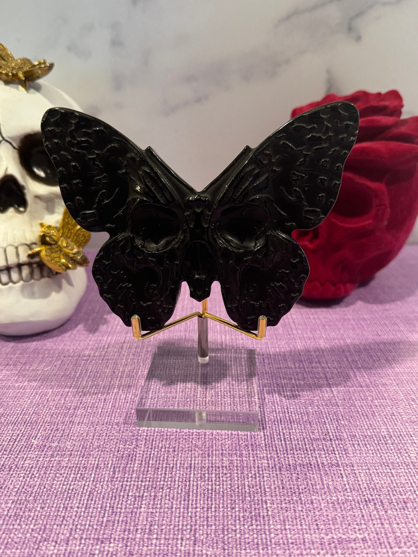 Black Obsidian Butterfly Skull Carving