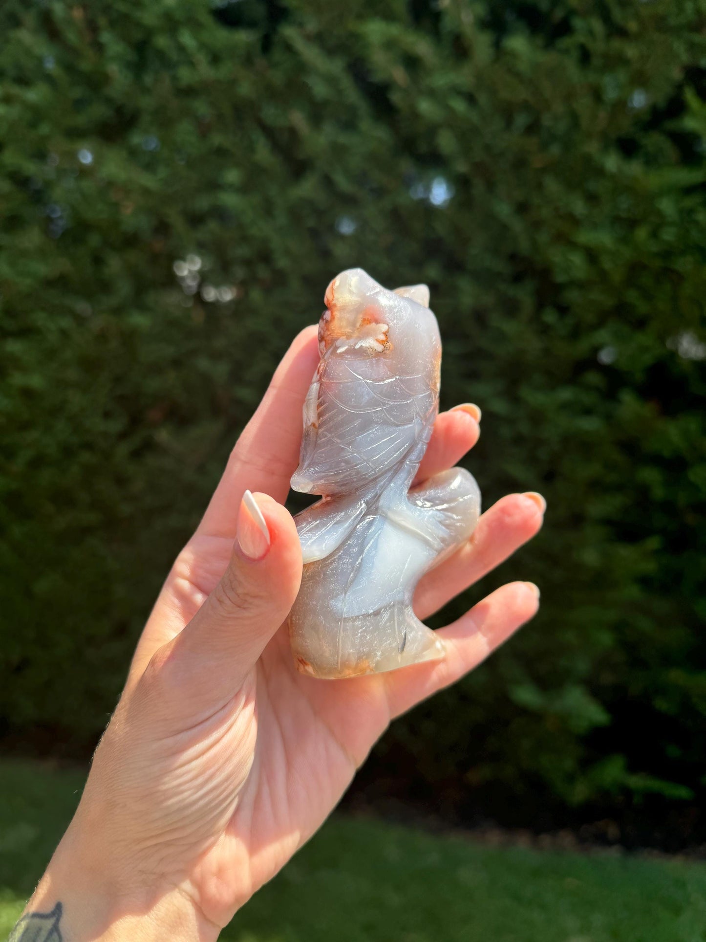 Cherry Blossom Flower Agate Owl Carving