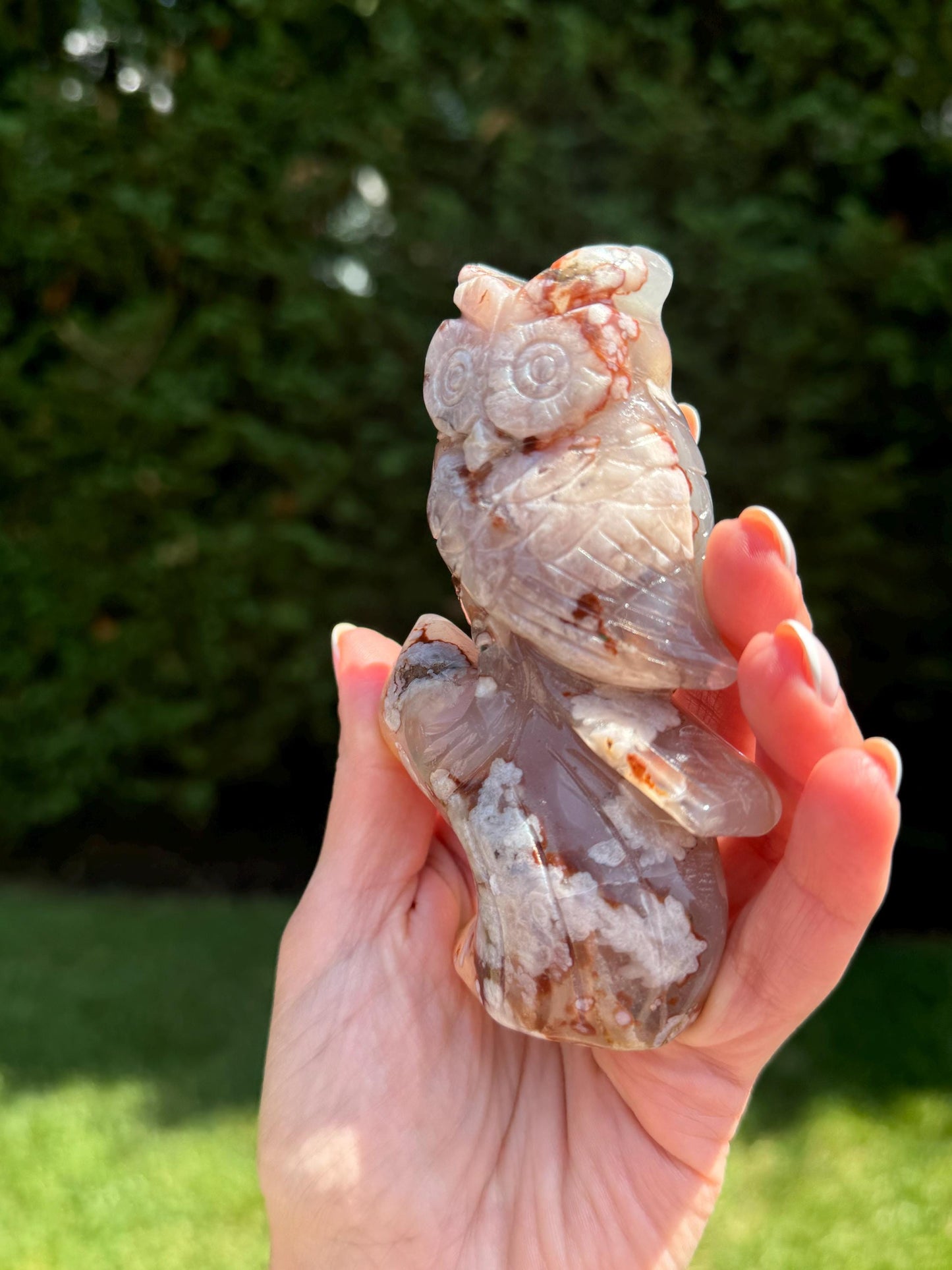 Cherry Blossom Flower Agate Owl Carving
