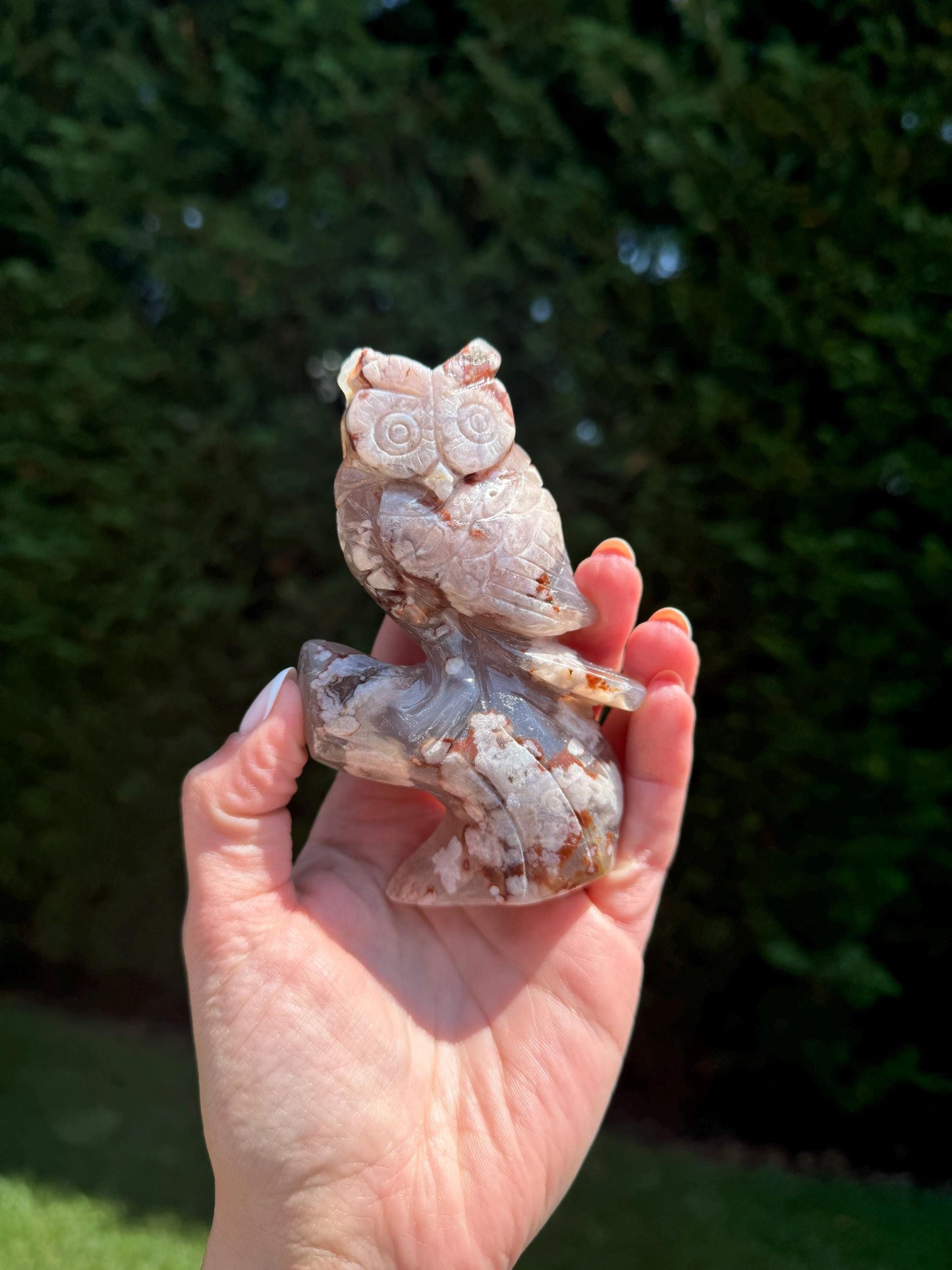 Cherry Blossom Flower Agate Owl Carving