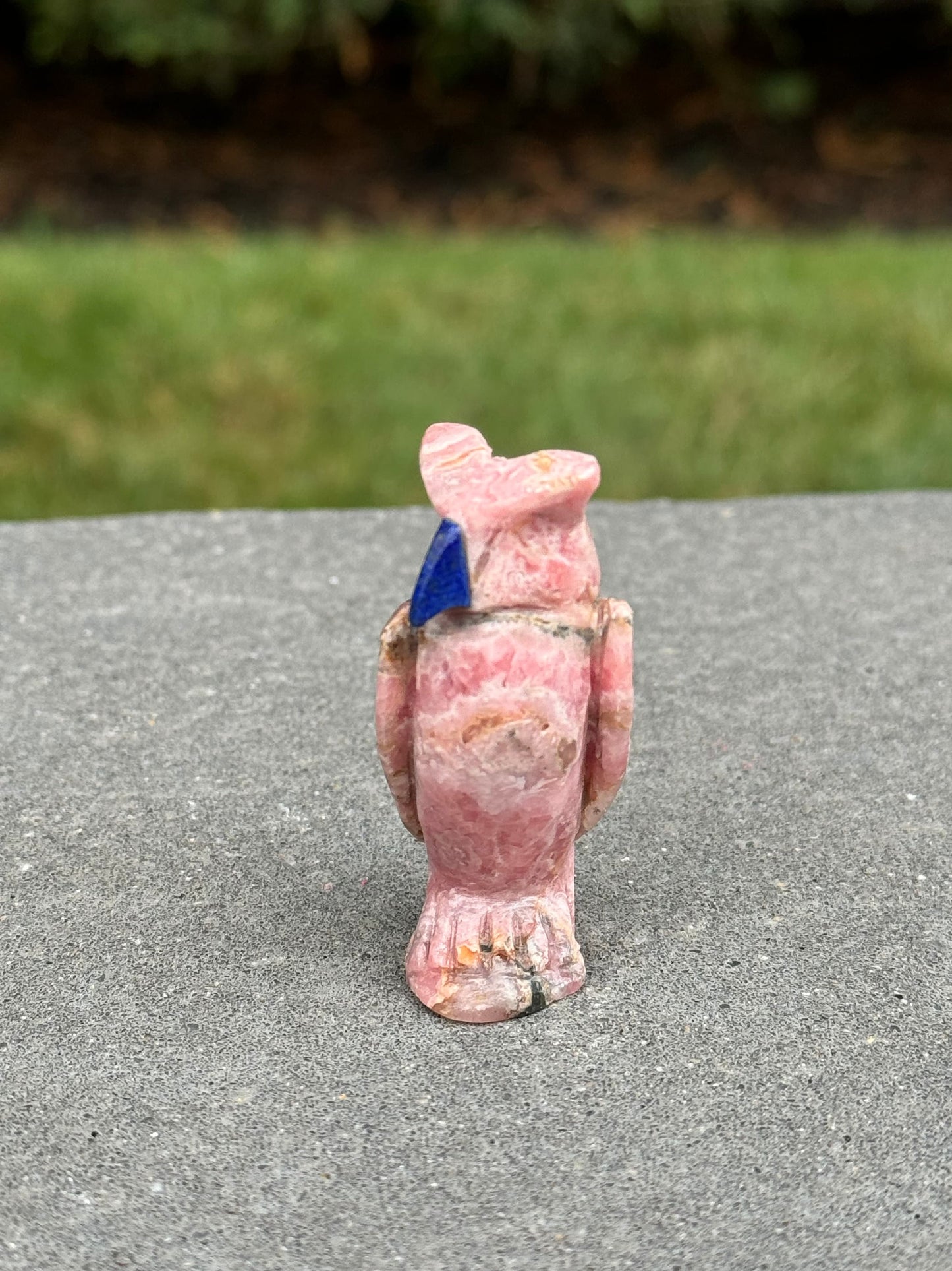 Rhodochrosite Owl Carving w/ Sodalite Beak