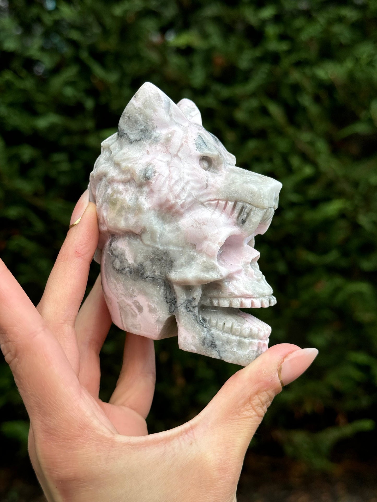Pink Opal Skull & Wolf Head Carving