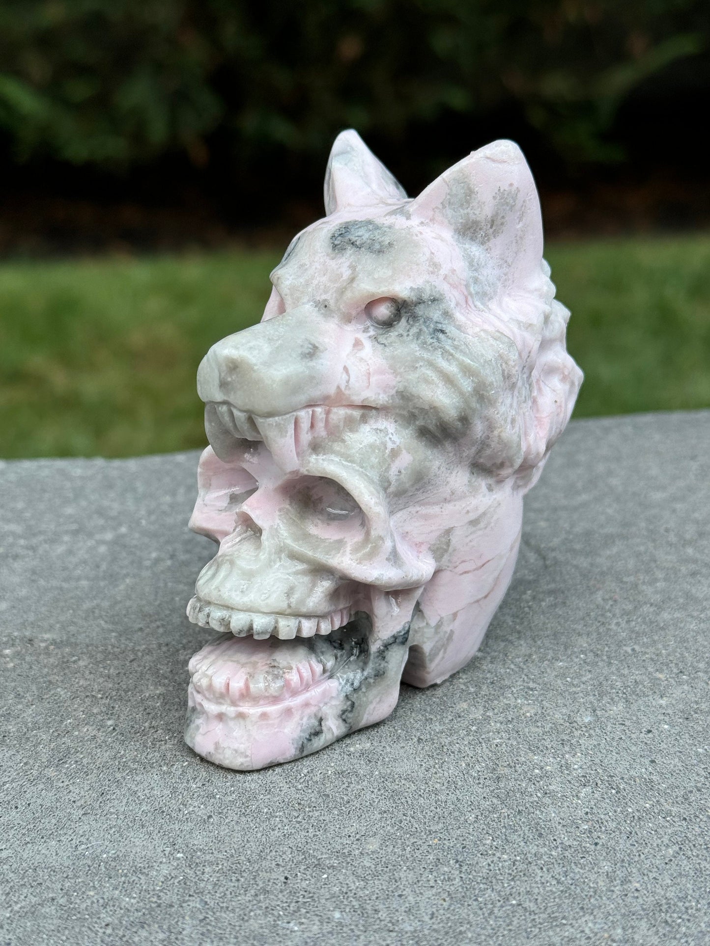Pink Opal Skull & Wolf Head Carving