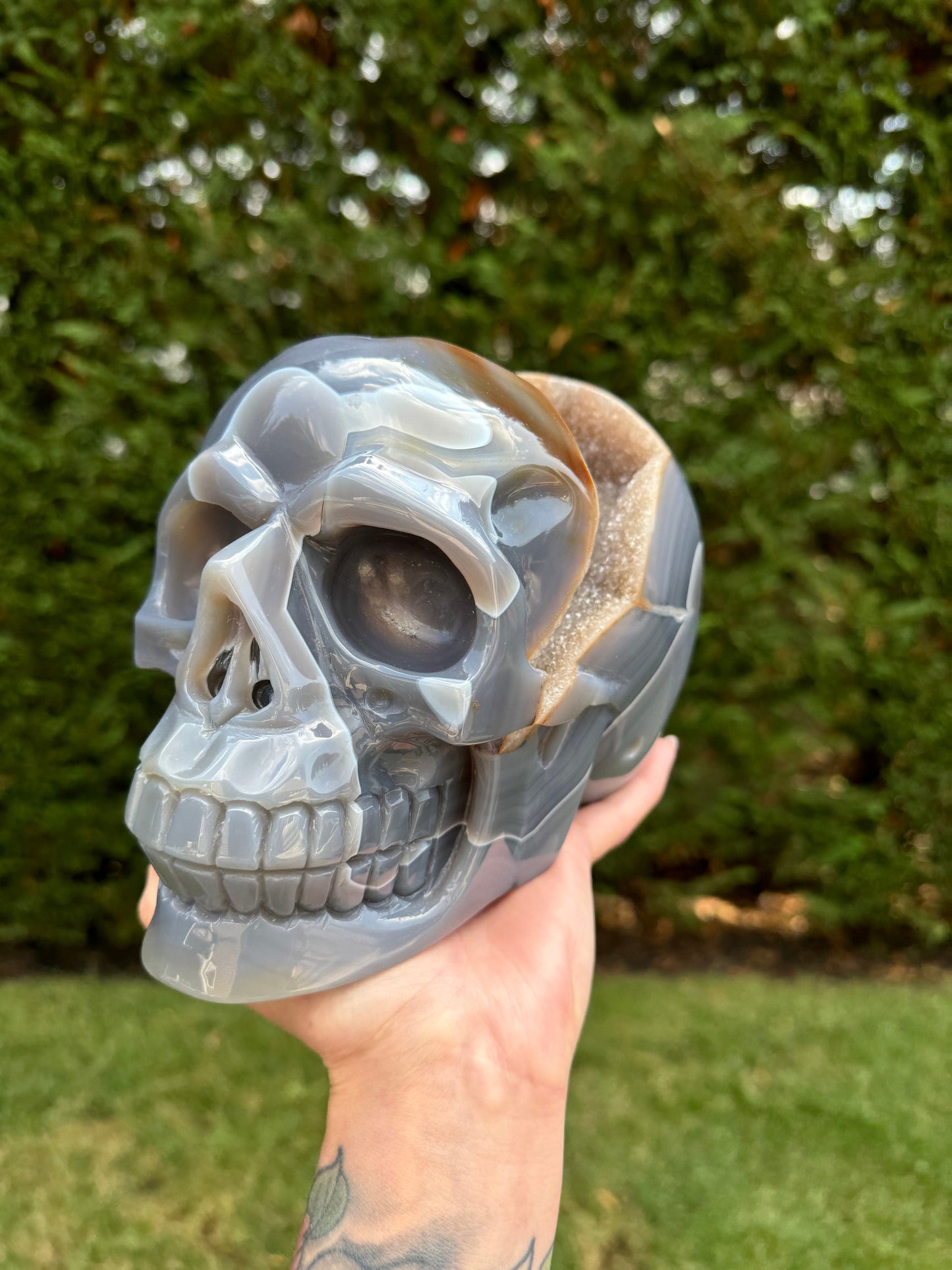 XL Druzy Banded Agate & Amethyst Hi-Def Geode Skull Carving (8")