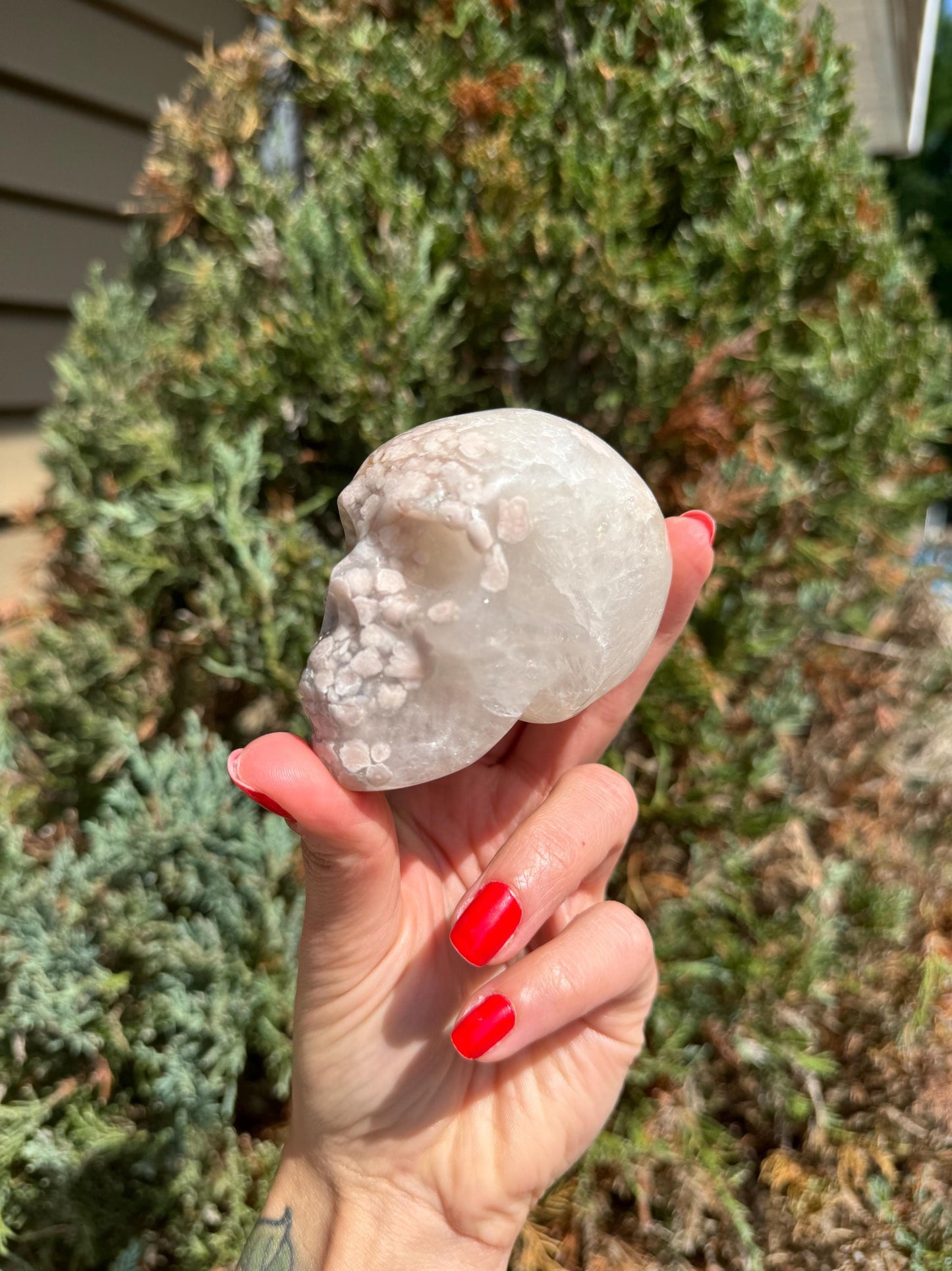 Flower Agate & Quartz Skull Carving