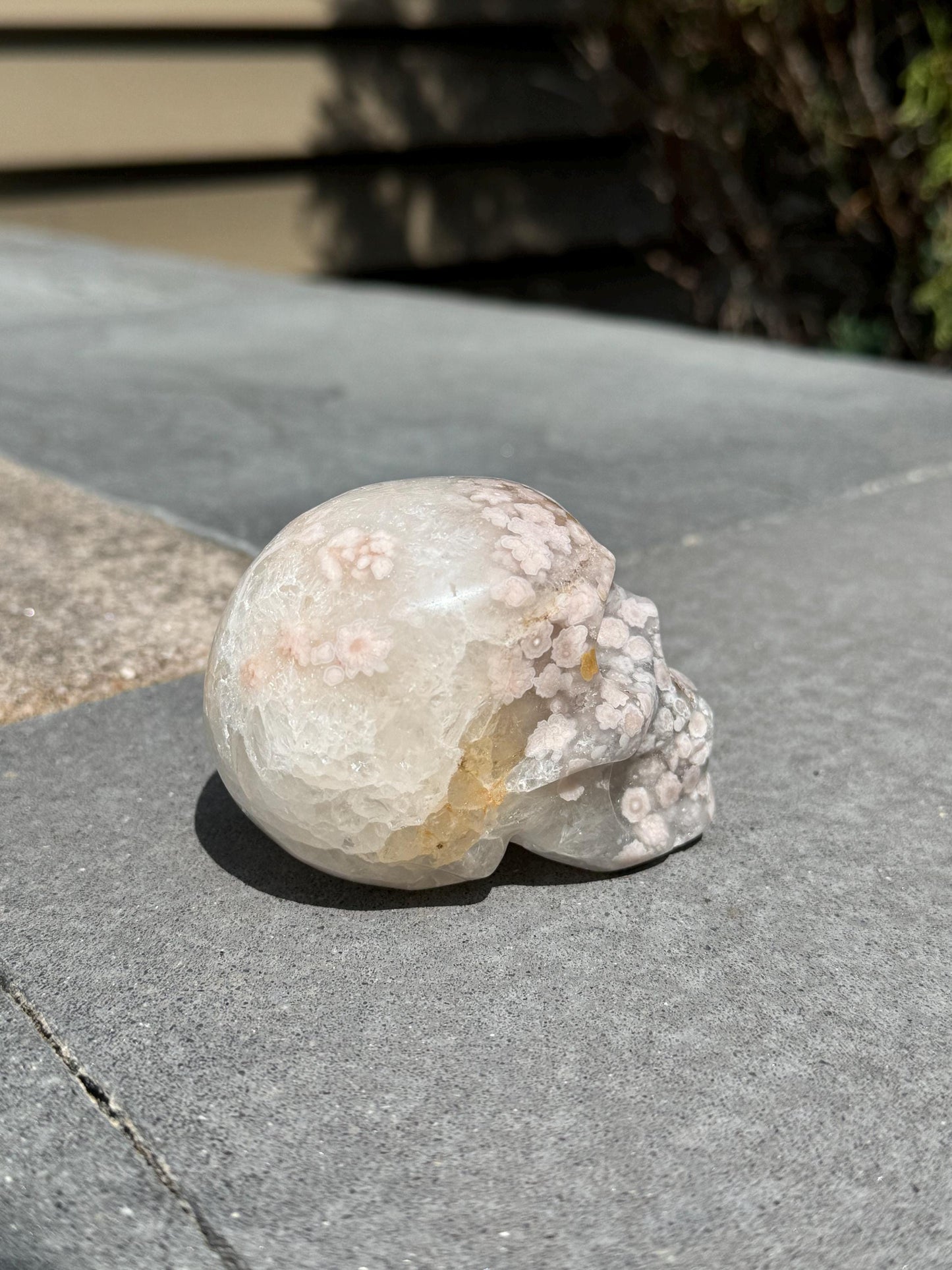 Flower Agate & Quartz Skull Carving