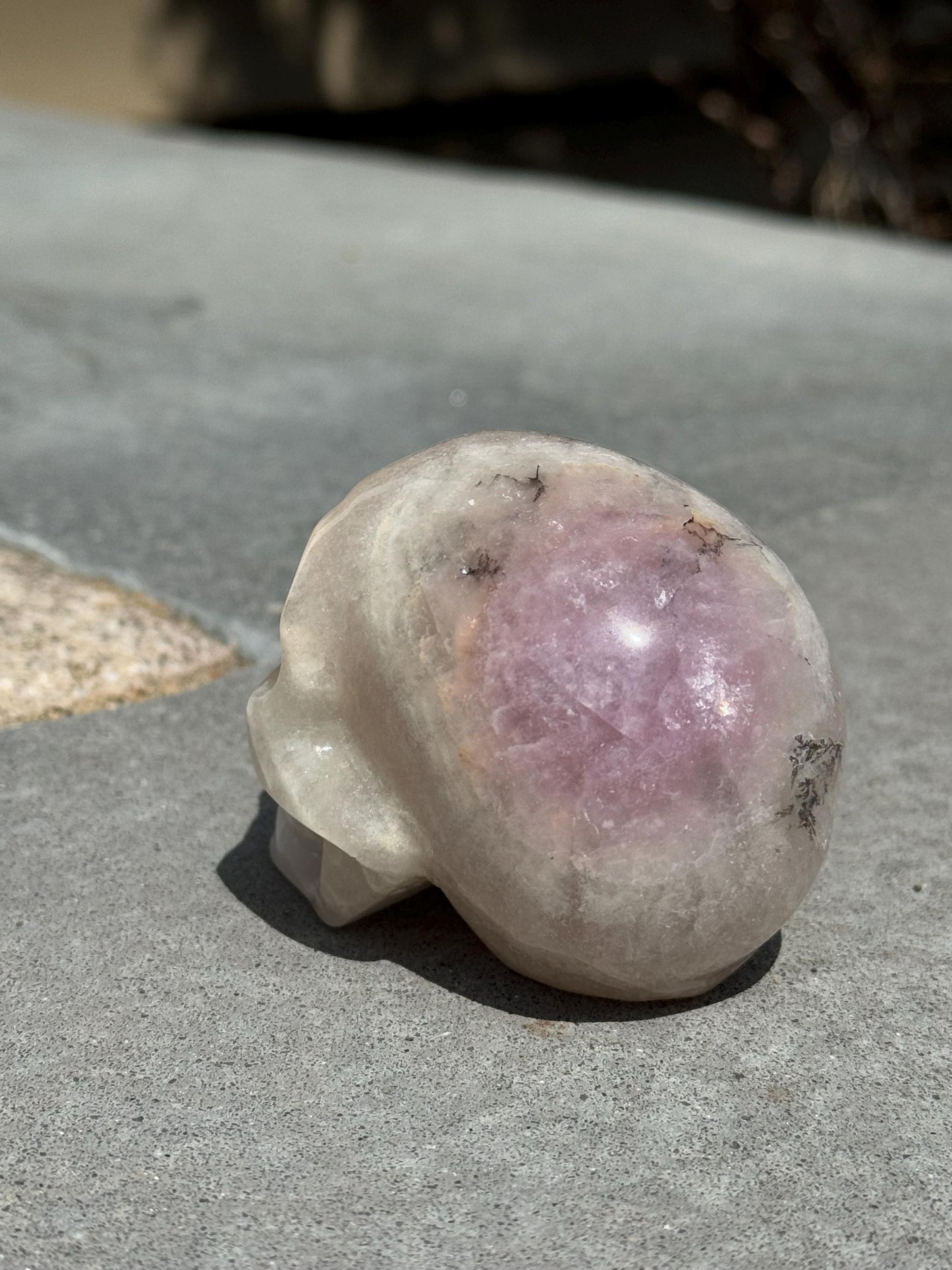 Pastel Lavender Dendritic Fluorite Skull Carving (2.73")