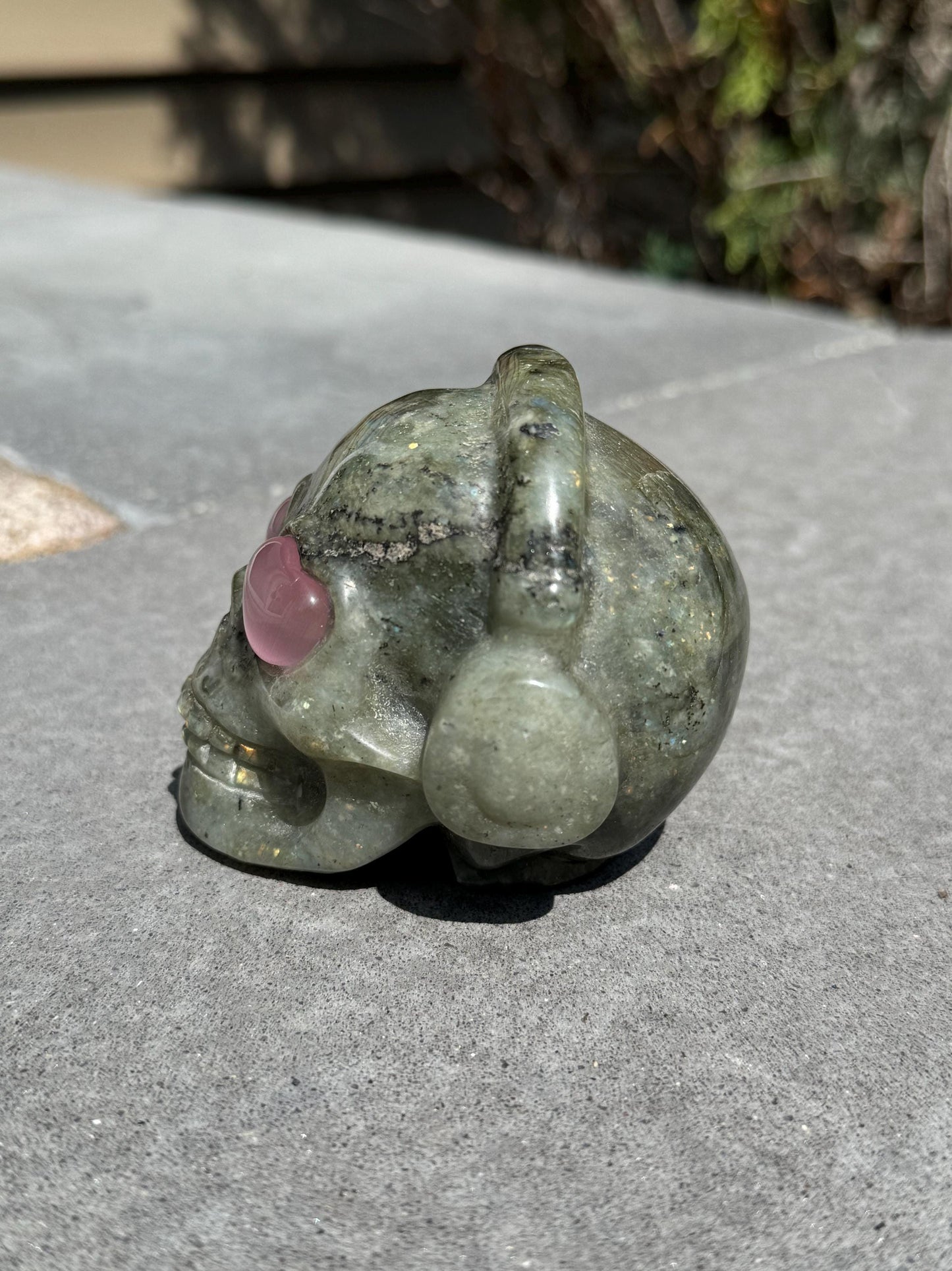 Labradorite Skull Carving w/ Pink Cats Eye Accents