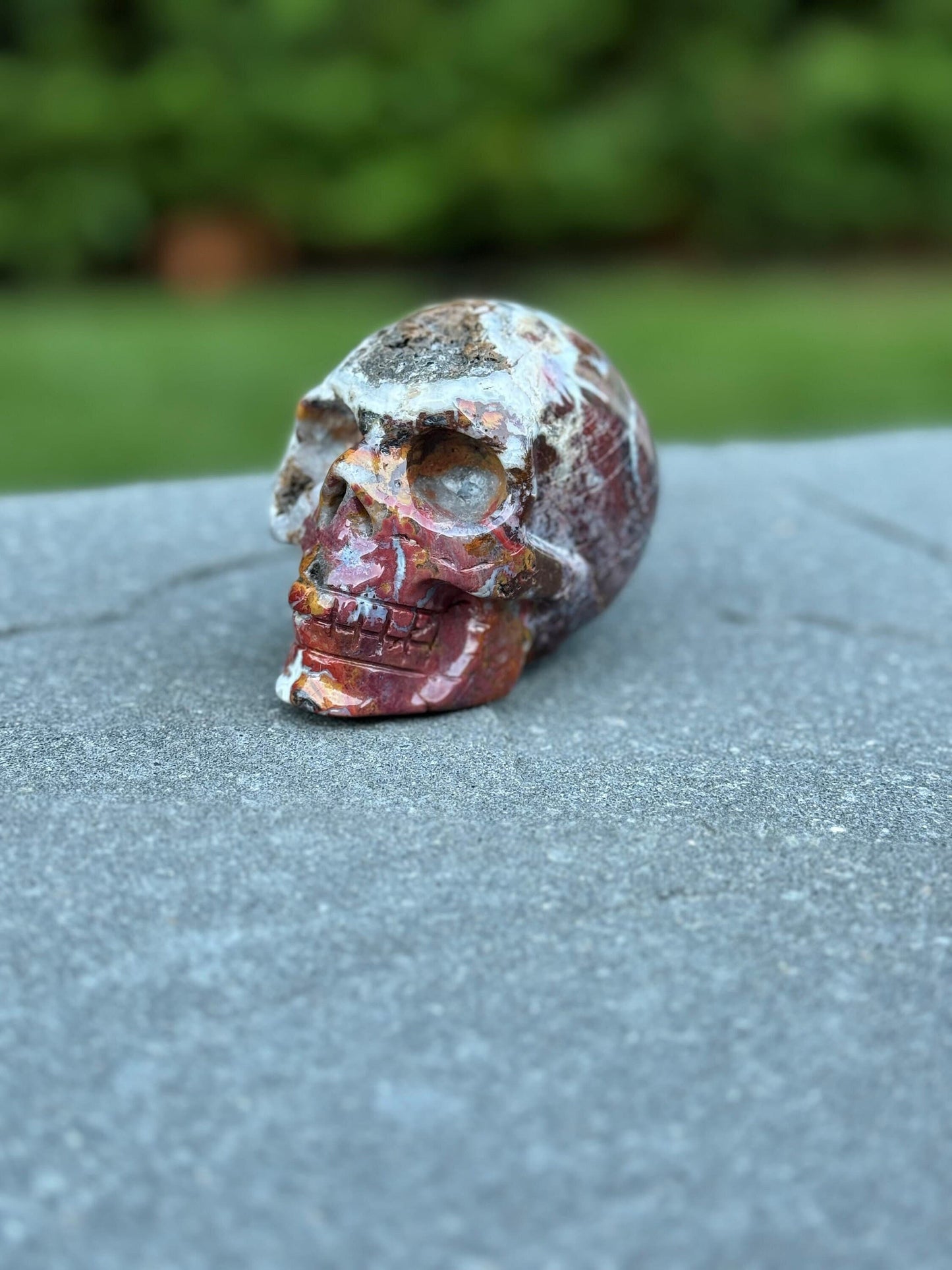 Mexican Crazy Lace Agate Skull Carving