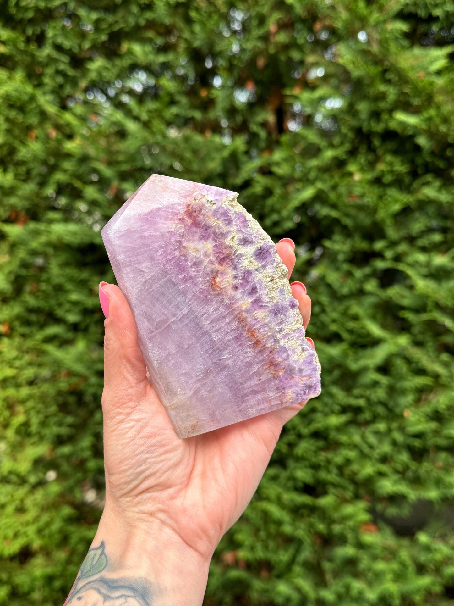 Half Raw & Half Polished Purple & Pink Fluorite Tower