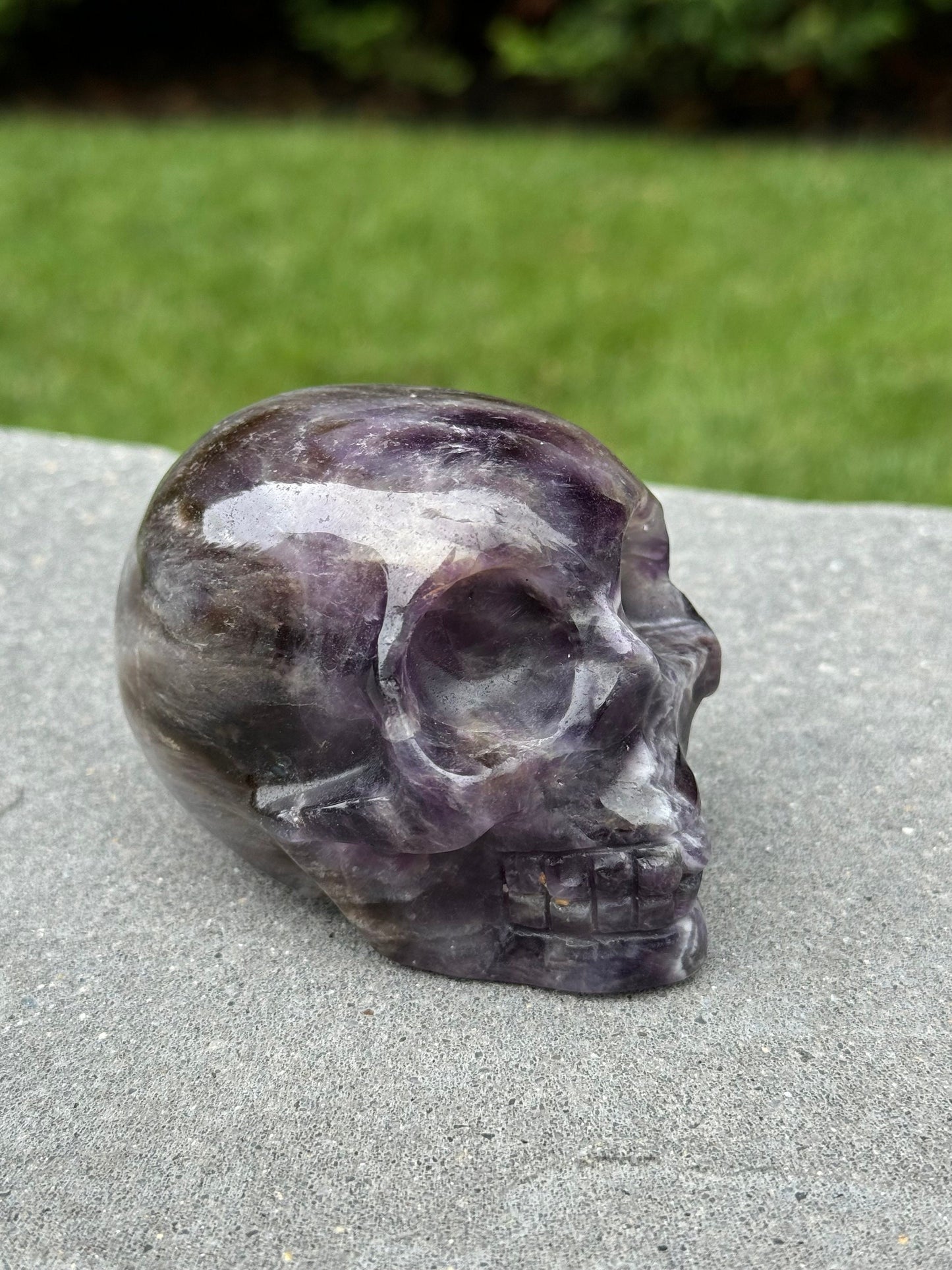 Chevron Amethyst & Smoky Quartz Skull Carving