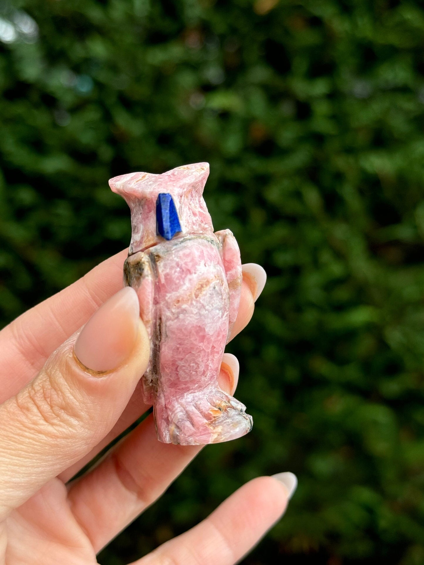 Rhodochrosite Owl Carving w/ Sodalite Beak