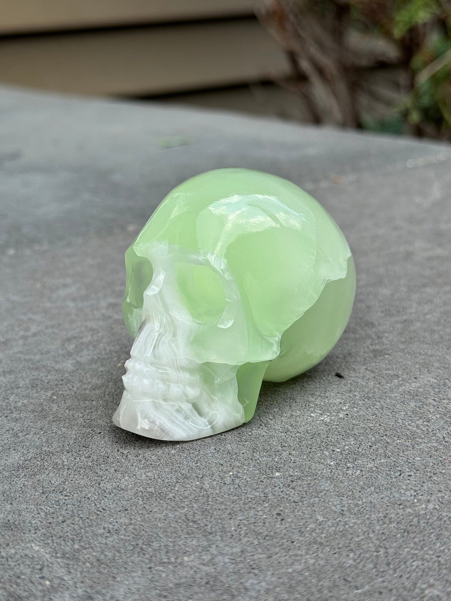 Banded Green Calcite Skull Carving