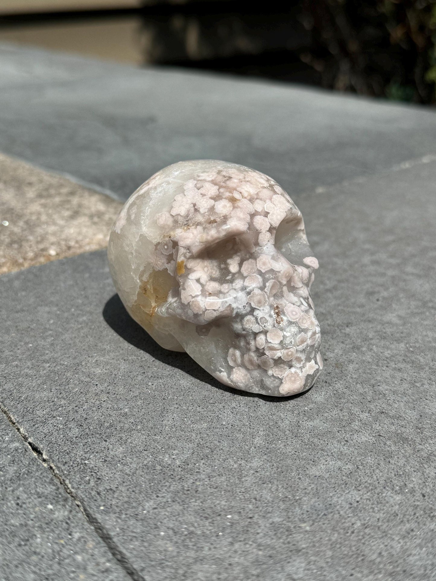 Flower Agate & Quartz Skull Carving