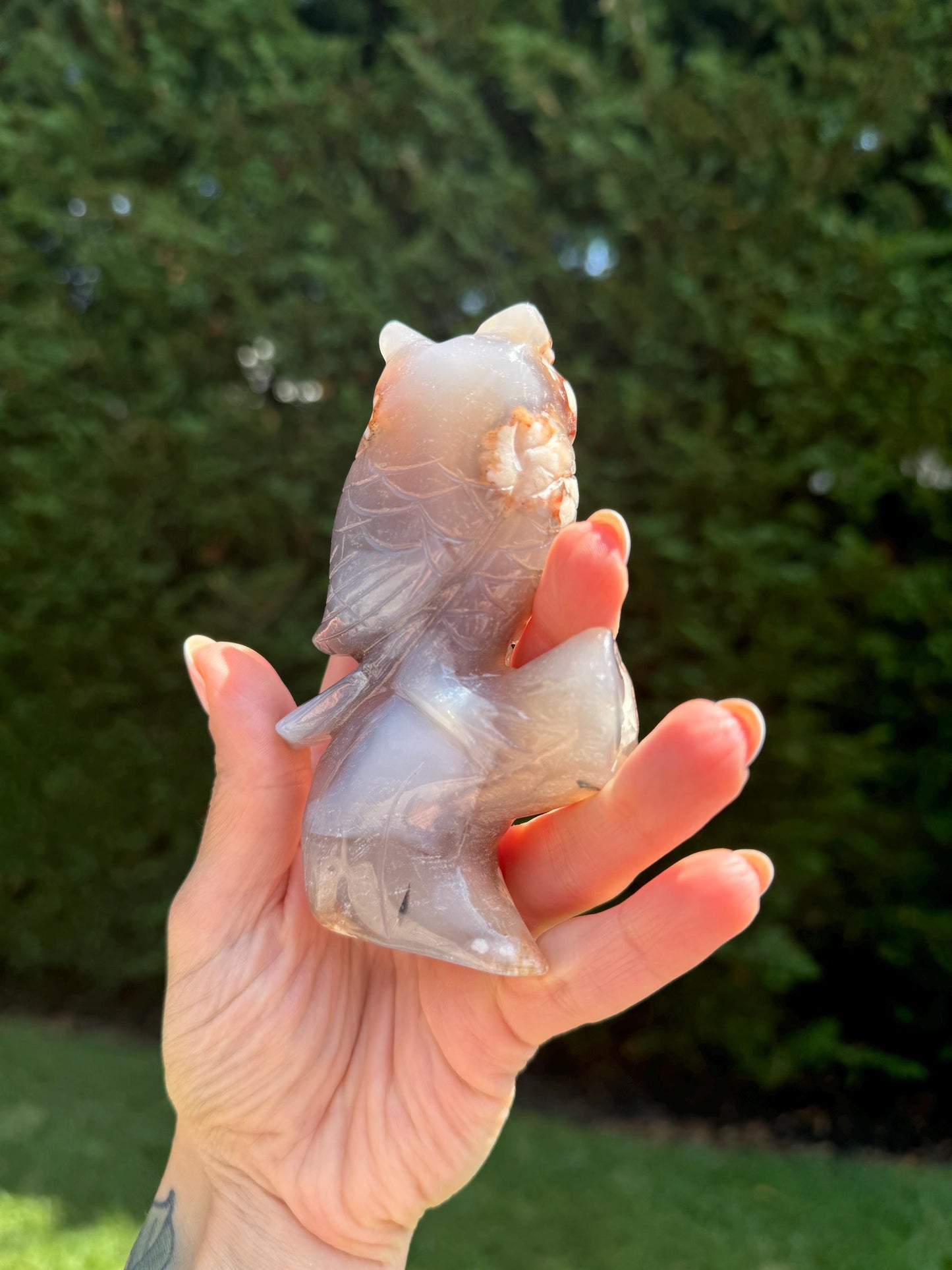Cherry Blossom Flower Agate Owl Carving