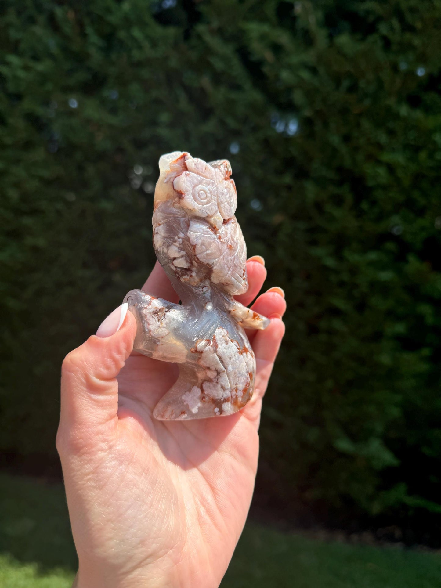 Cherry Blossom Flower Agate Owl Carving