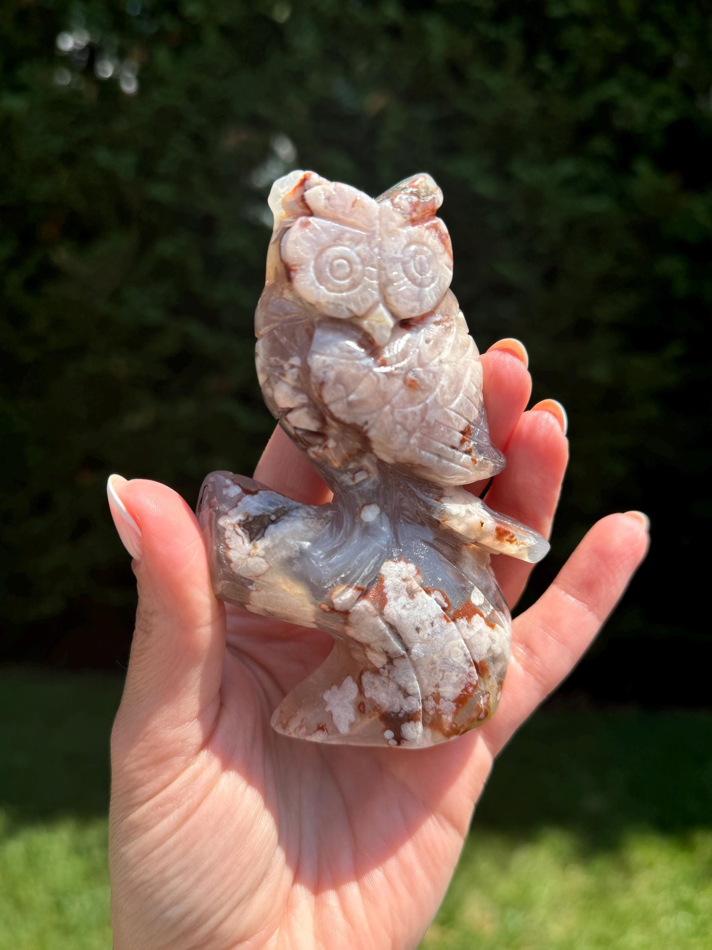 Cherry Blossom Flower Agate Owl Carving