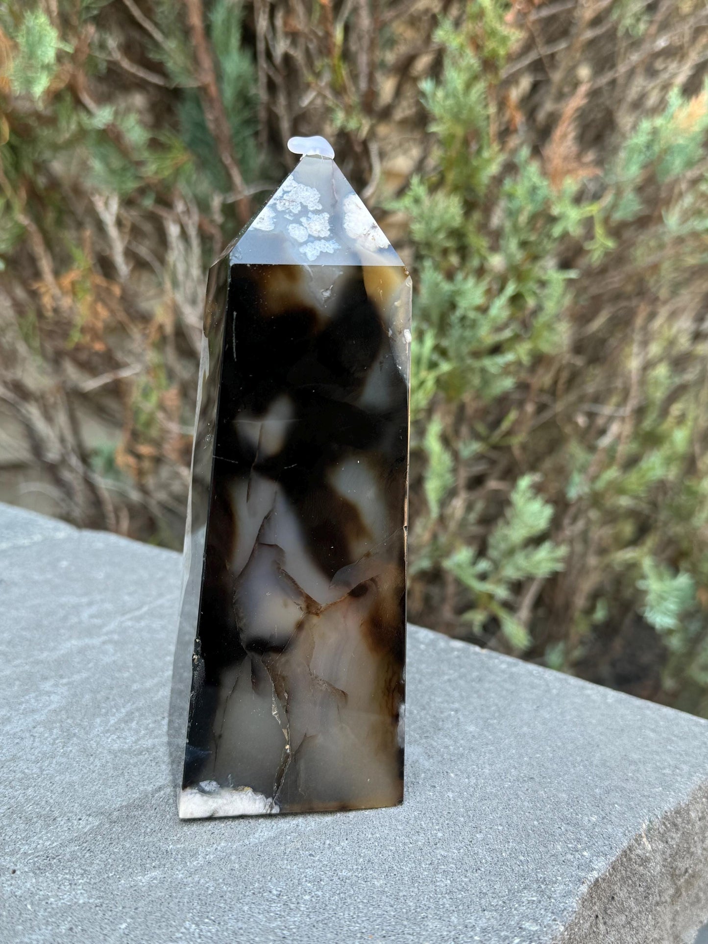 Black Flower Agate & Quartz Obelisk (6.5")