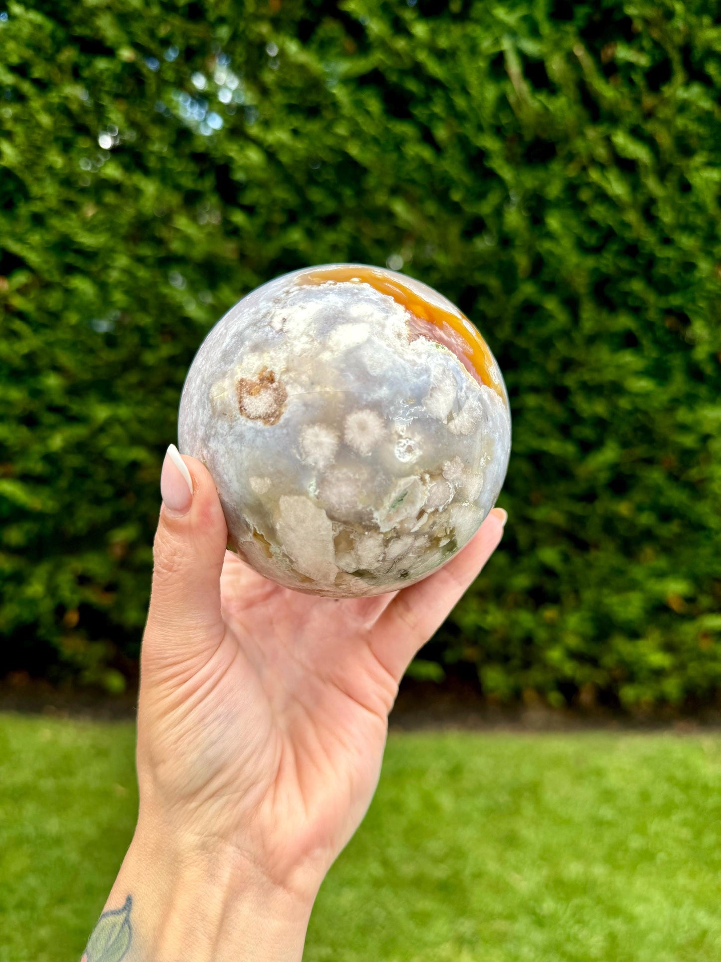 Pink & Purple Amethyst Sphere w/ Carnelian & Green Flower Agate (87MM)