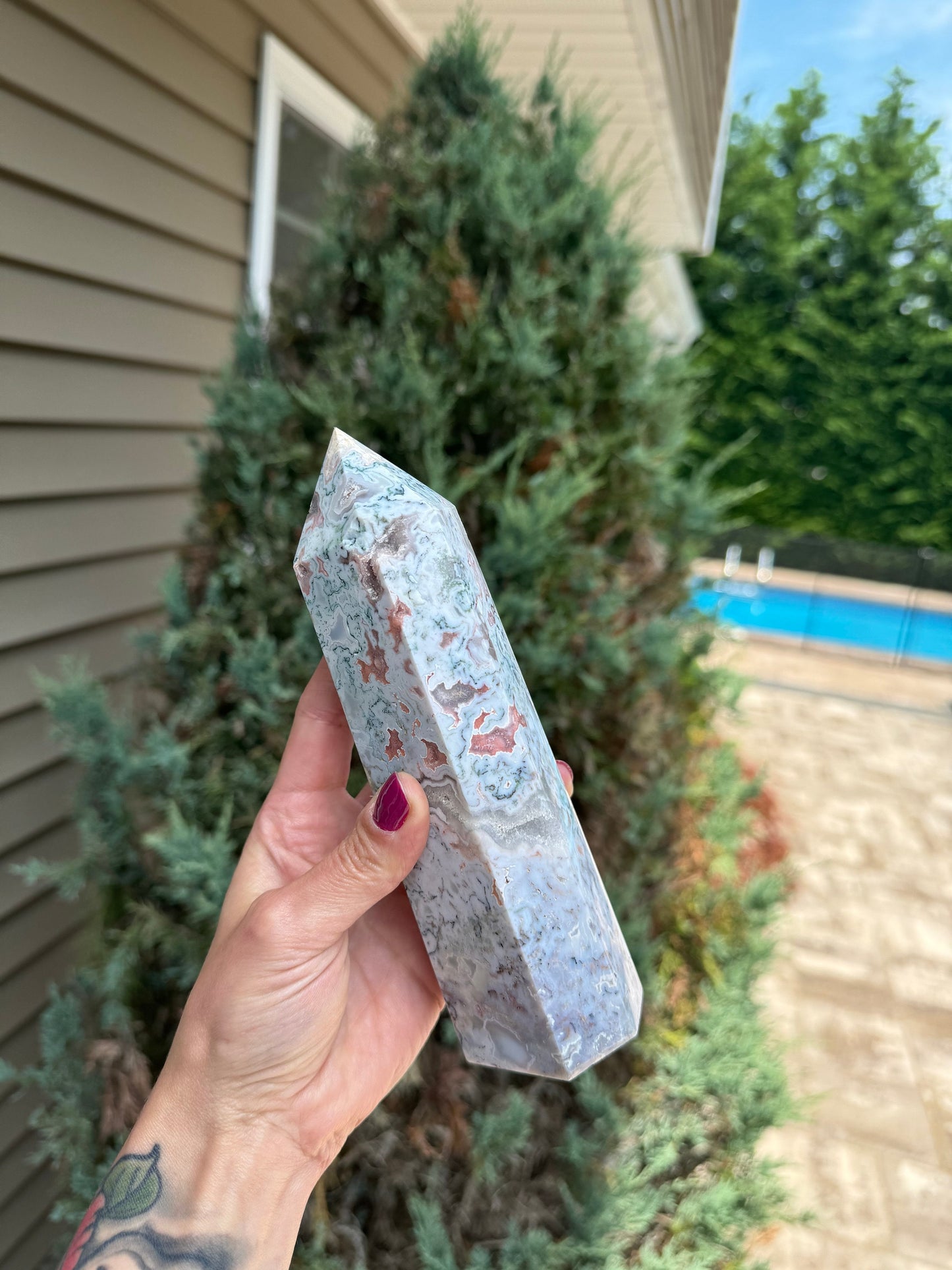 XL Druzy Pink Moss Agate Tower