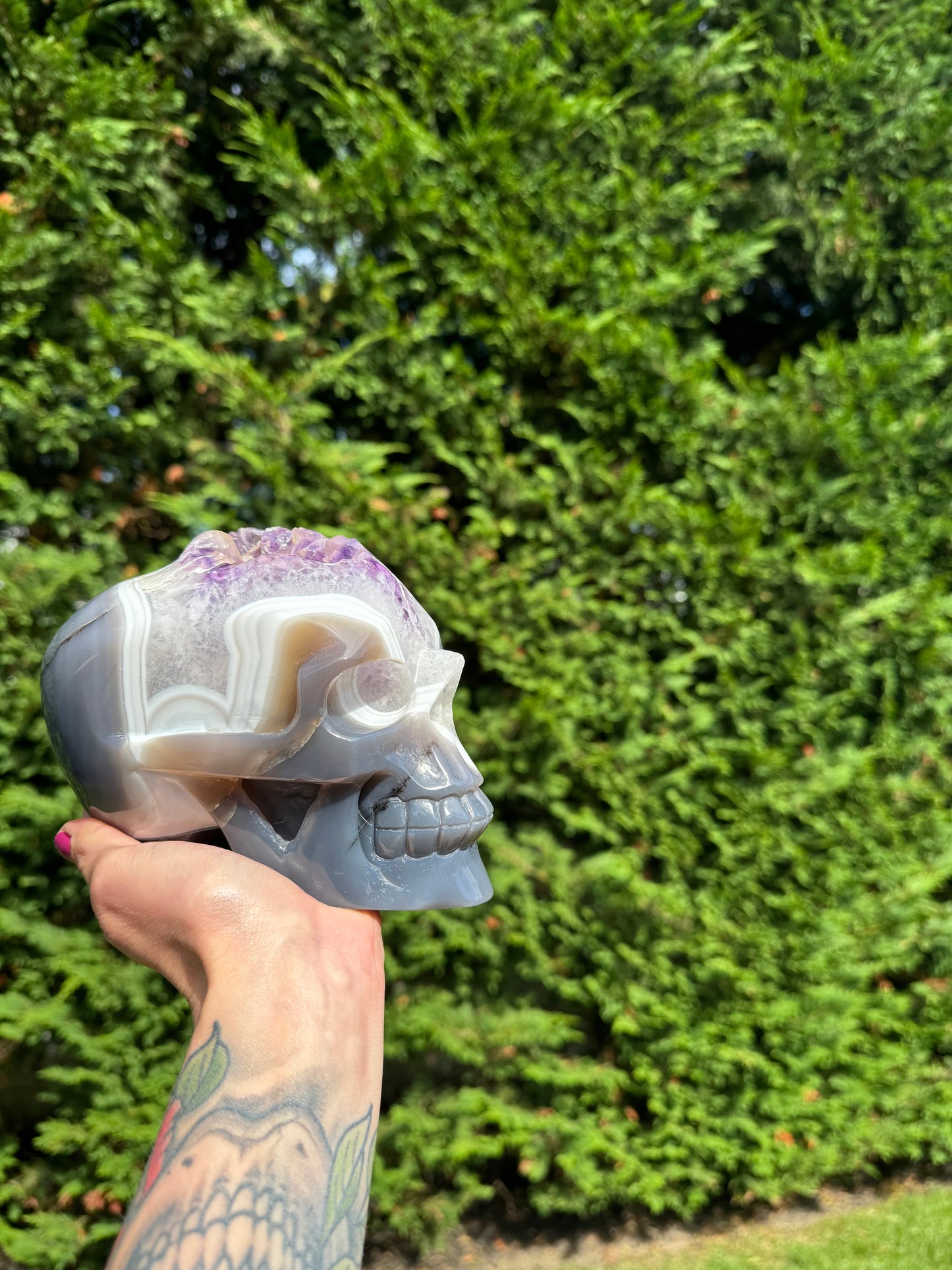 XL Druzy Banded Agate & Amethyst Hi-Def Geode Skull Carving (6")