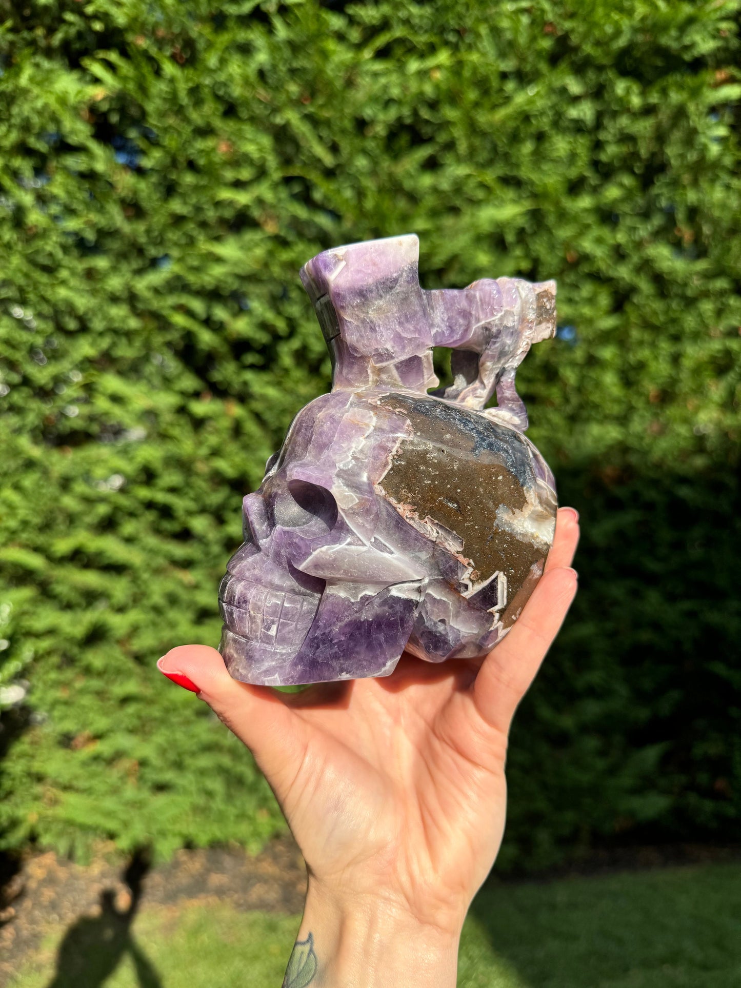 Chevron Amethyst Skull & Axe Carving (4.5")