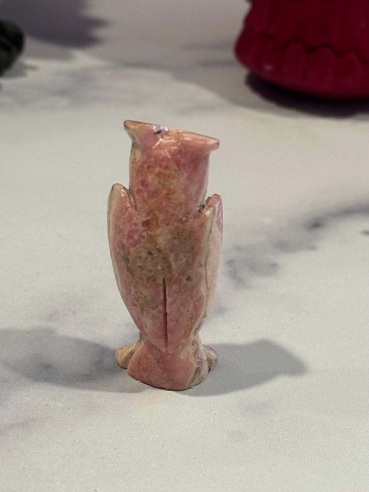 Rhodochrosite Owl Carving w/ Onyx Beak
