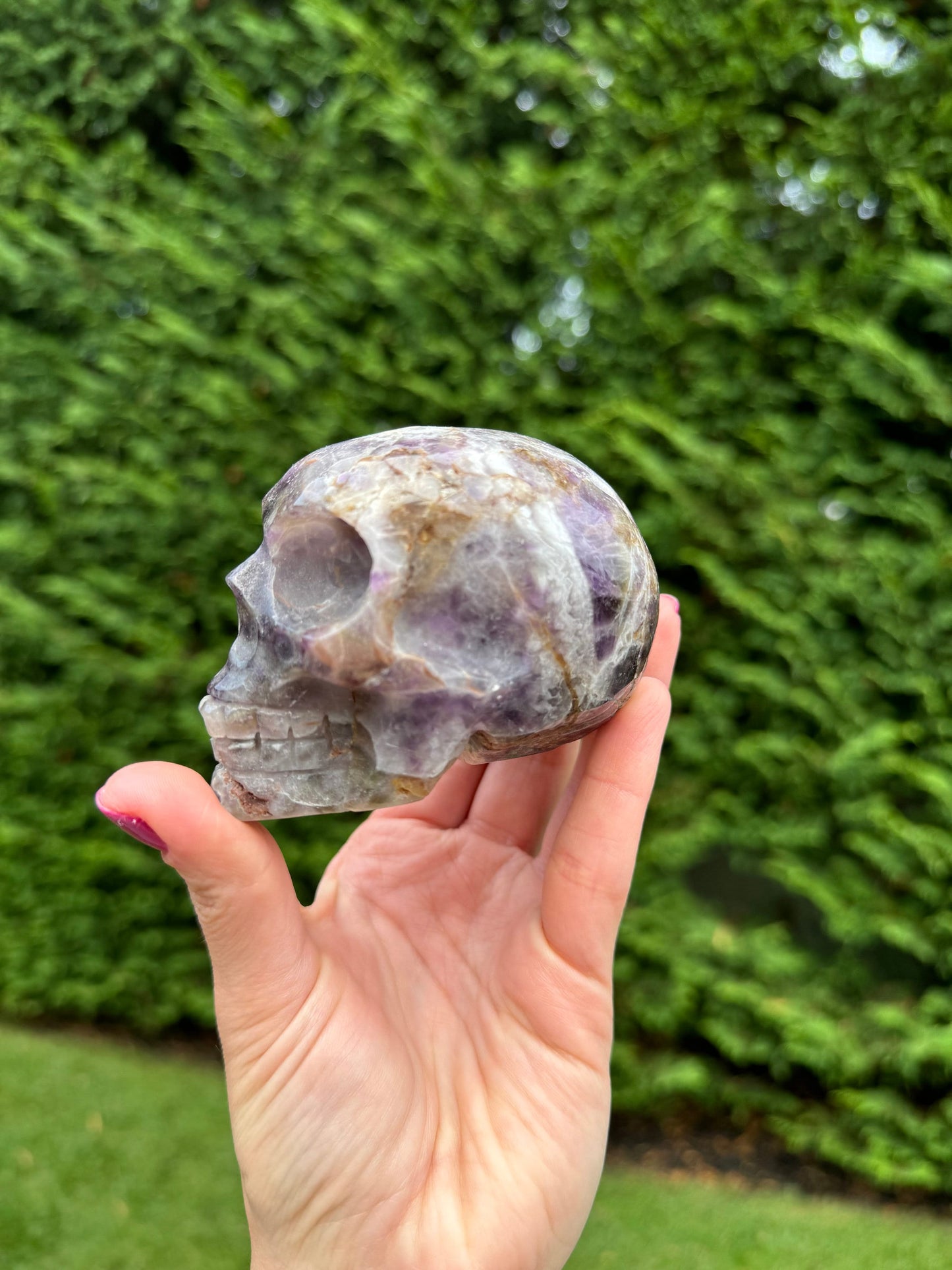 Chevron Amethyst Skull Carving (1.1lbs)