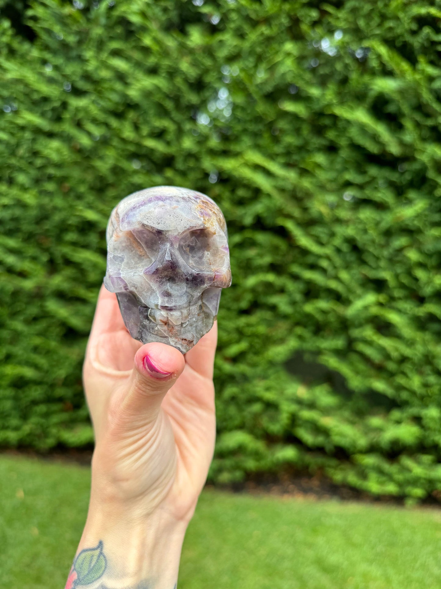 Chevron Amethyst Skull Carving (1.1lbs)