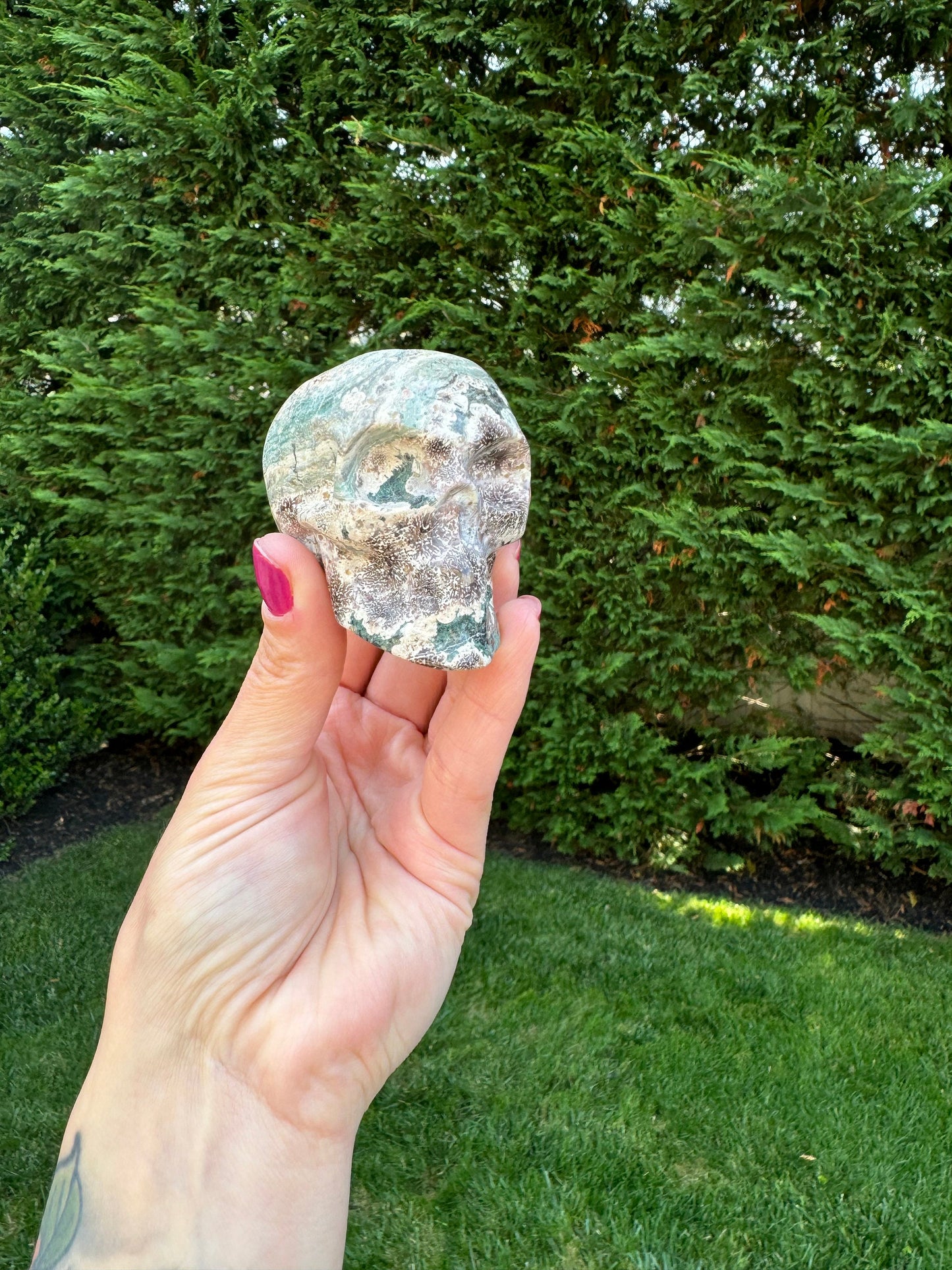 Green Sakura Jasper Skull Carving
