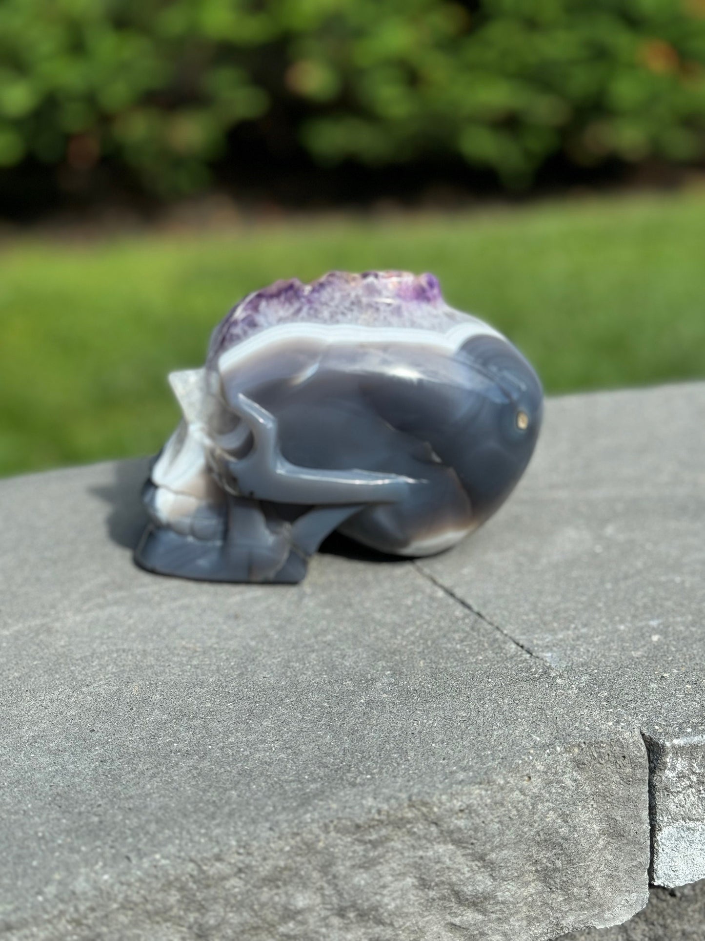 XL Druzy Banded Agate & Amethyst Hi-Def Geode Skull Carving (6")