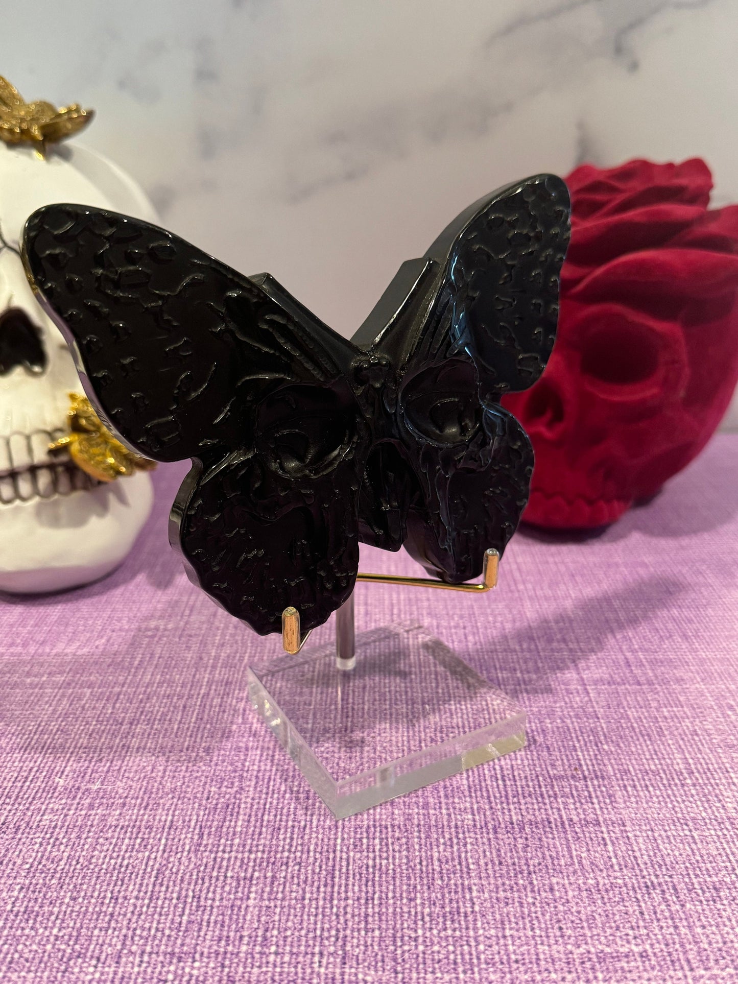 Black Obsidian Butterfly Skull Carving
