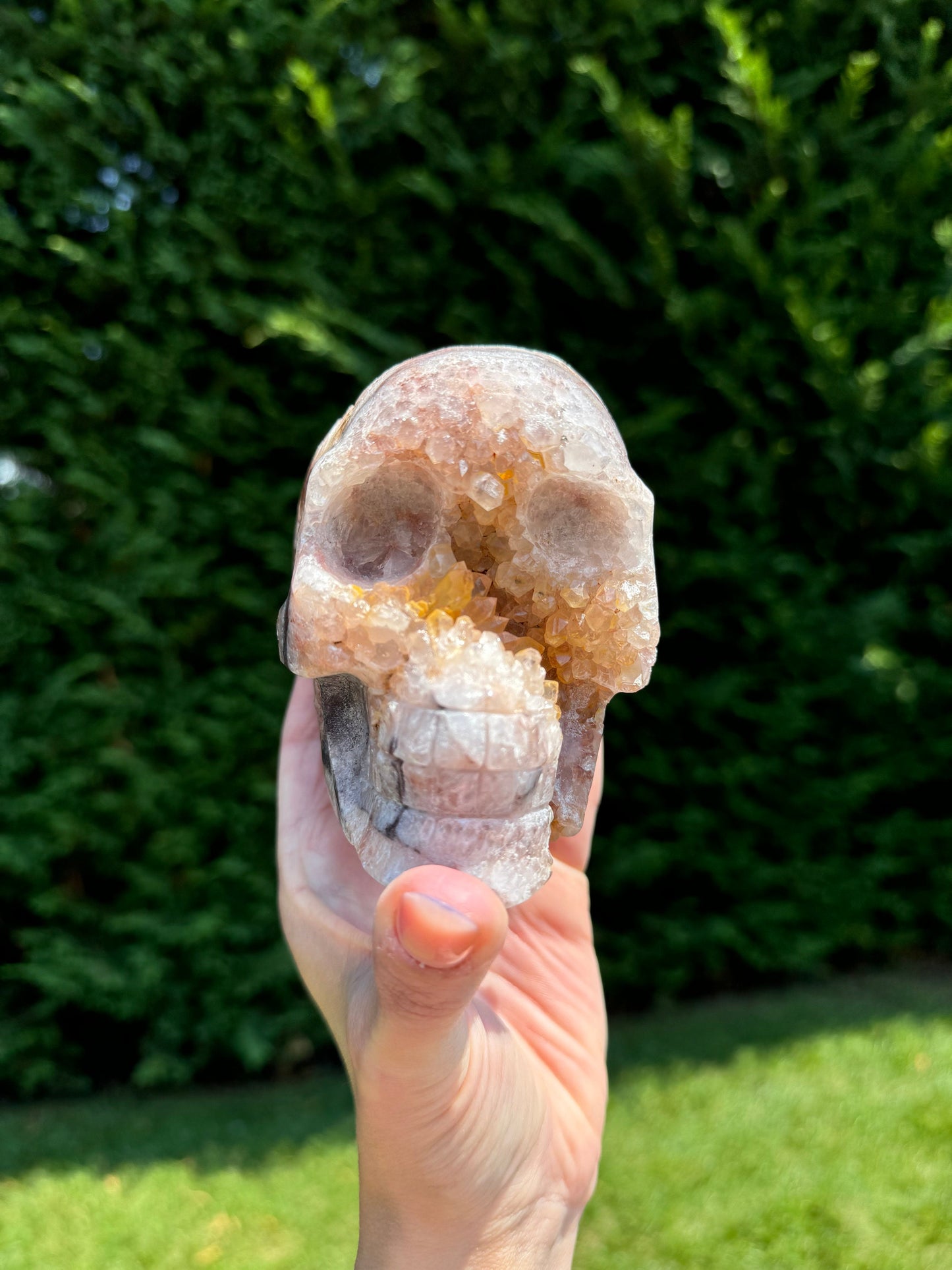 Druzy Fire Quartz Skull Carving (4.35")