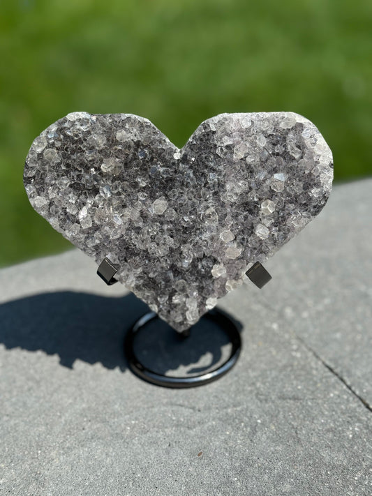 Druzy Black Amethyst Geode Heart Carving w/ Stand
