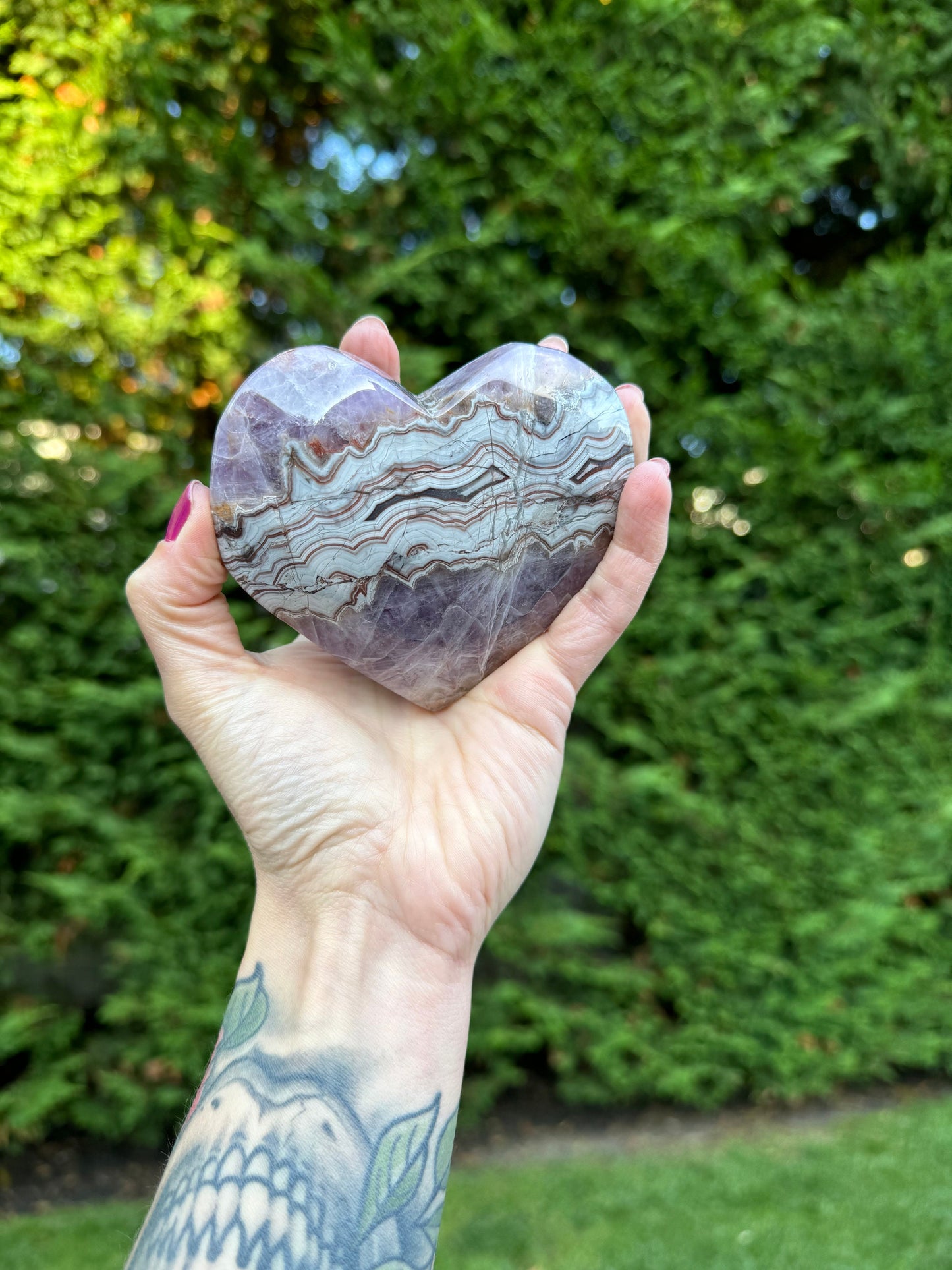 Amethyst & Crazy Lace Agate Heart Carving (stand included)