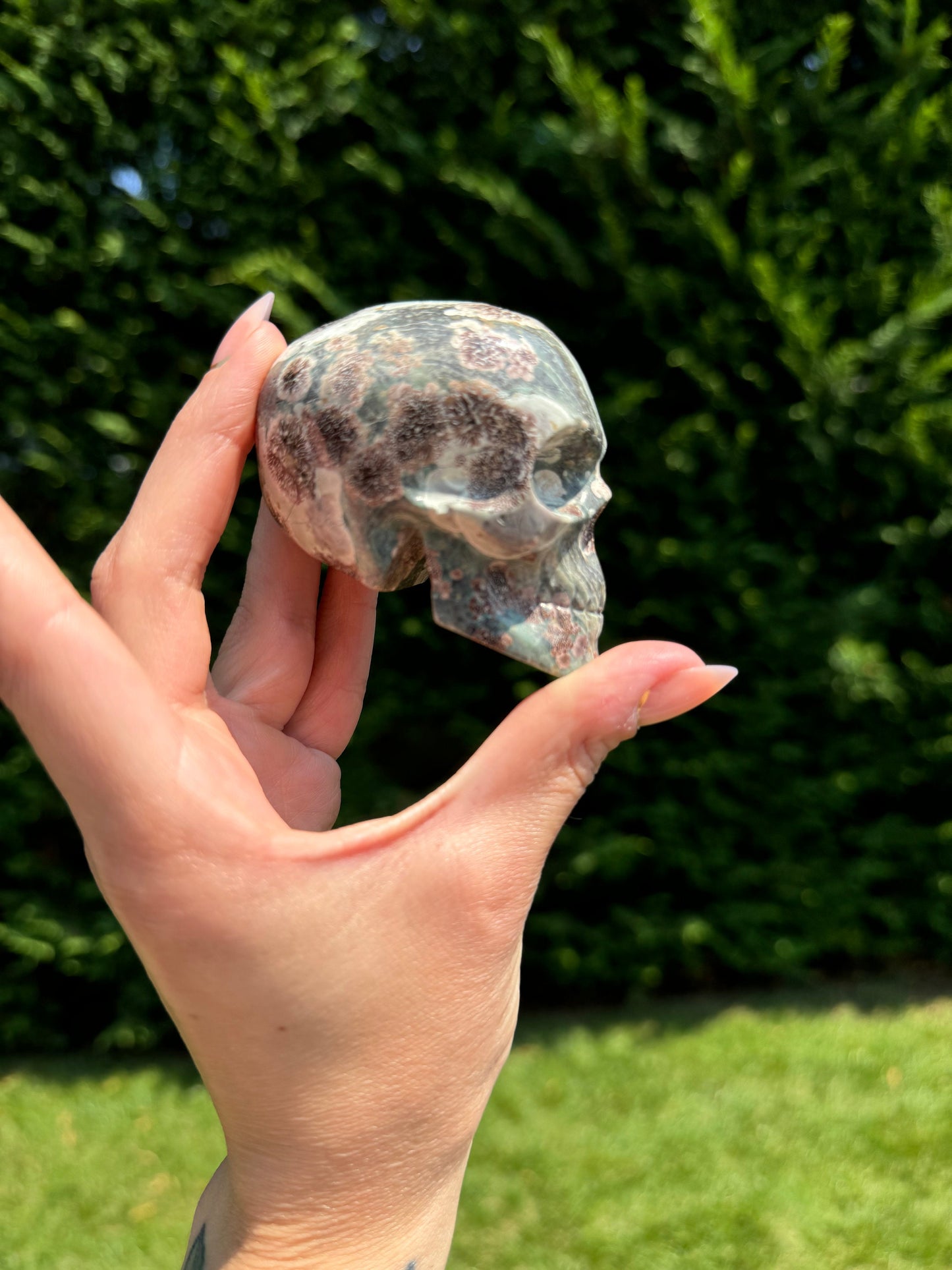 Green Sakura Jasper Skull Carving (2.68")