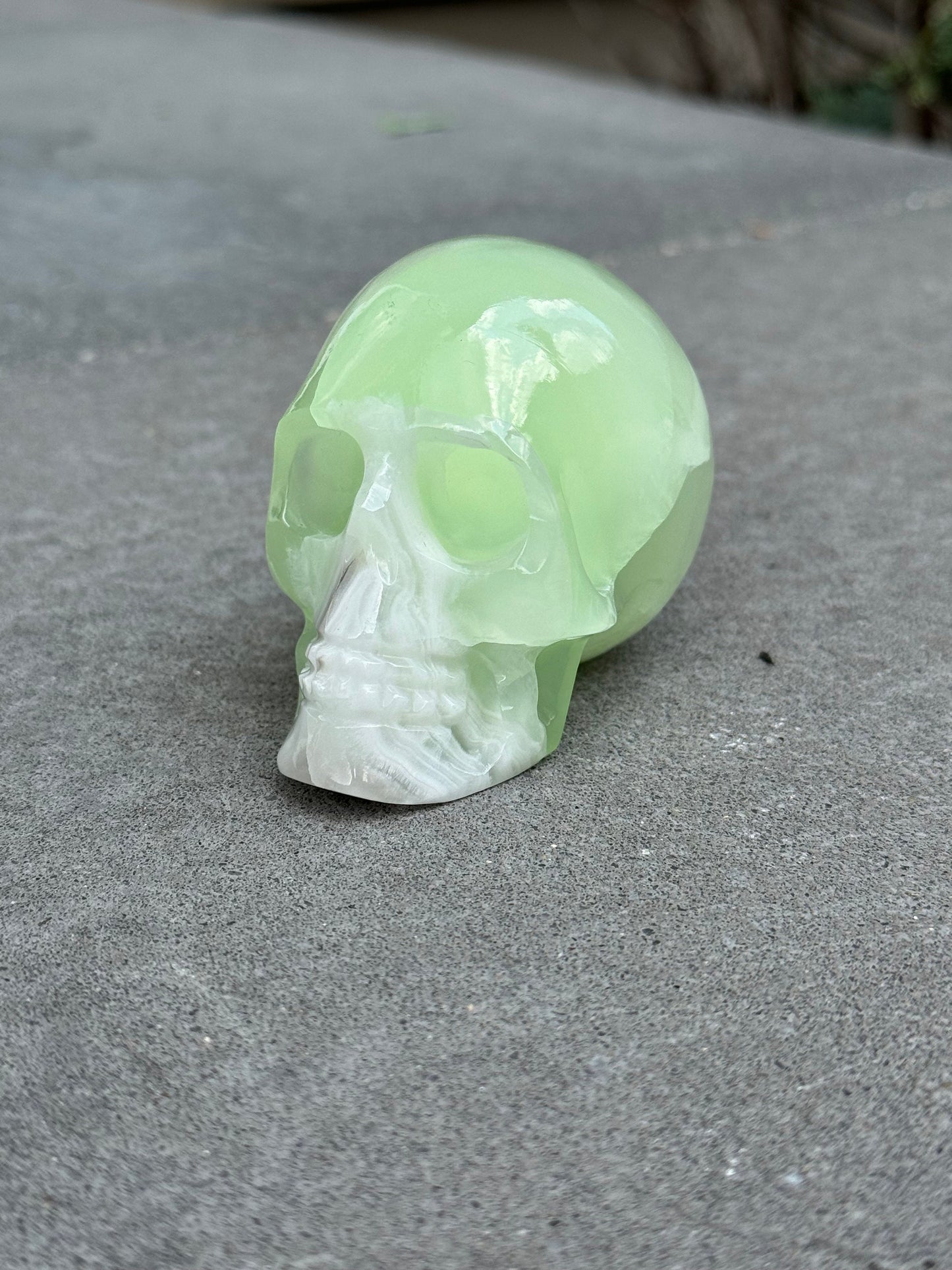 Banded Green Calcite Skull Carving