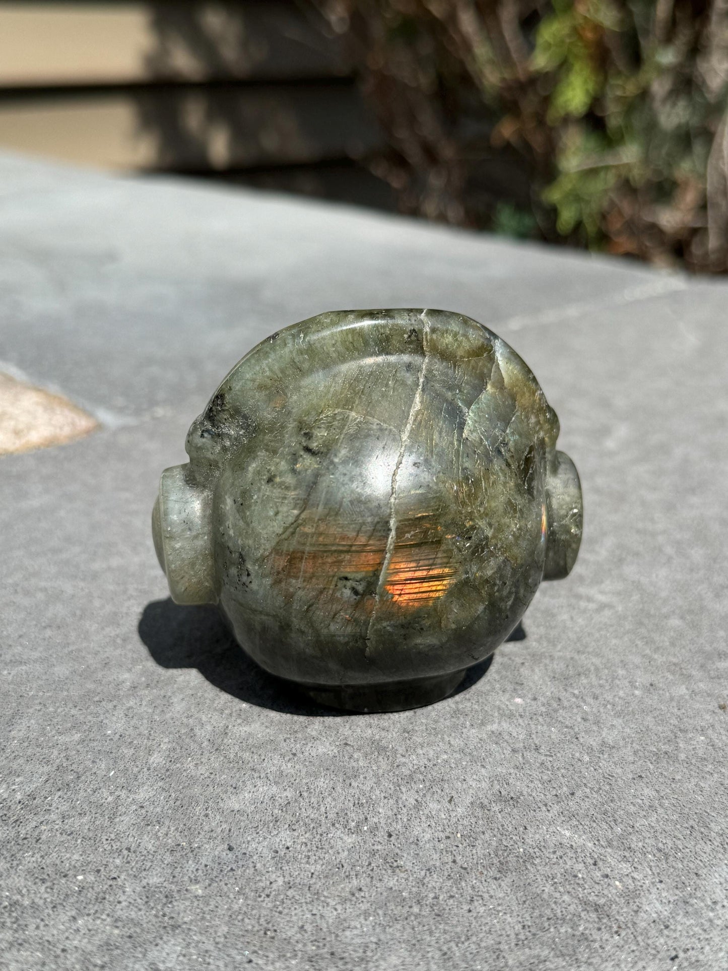 Labradorite Skull Carving w/ Pink Cats Eye Accents