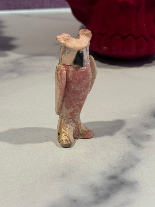 Rhodochrosite Owl Carving w/ Onyx Beak