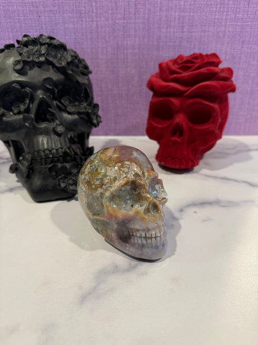 Druzy Ocean Jasper Skull Carving (4")