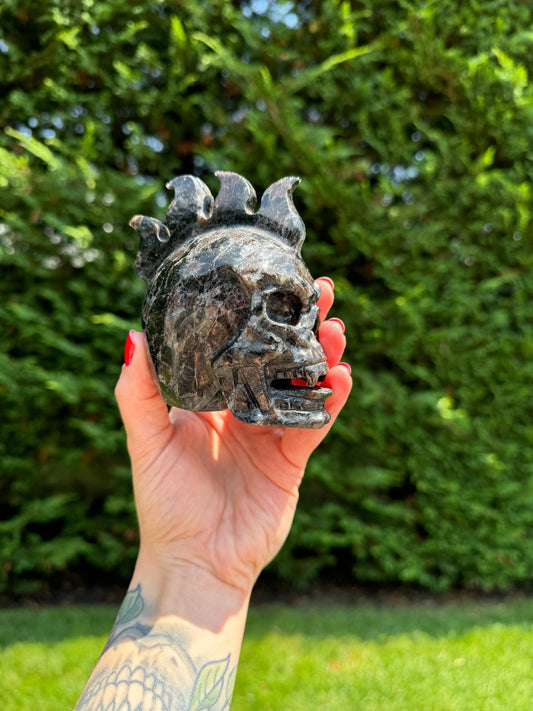 Garnet Astrophyllite Skull Carving (3.45")