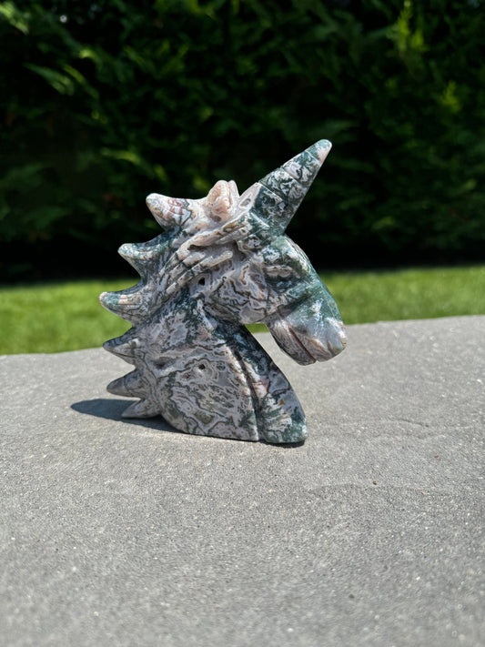 Pink Moss Agate Druzy Unicorn Carving