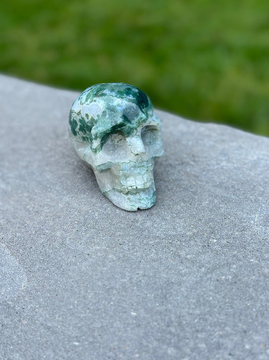 Druzy Moss Agate Skull Carving