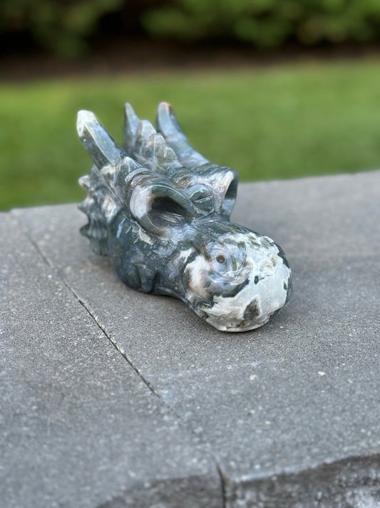 XL Moss Agate Dragon Head Carving (5.3")