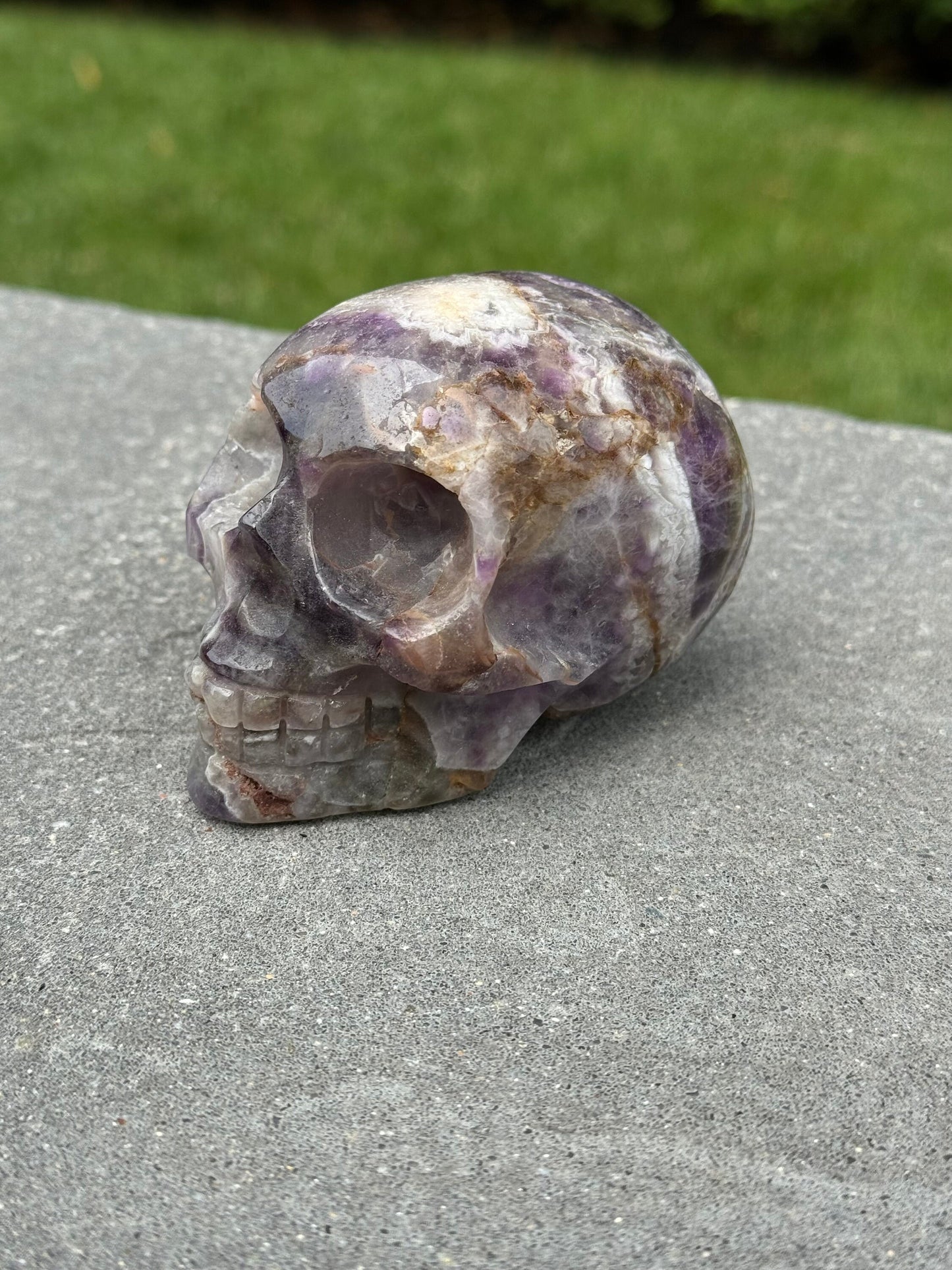 Chevron Amethyst Skull Carving (1.1lbs)
