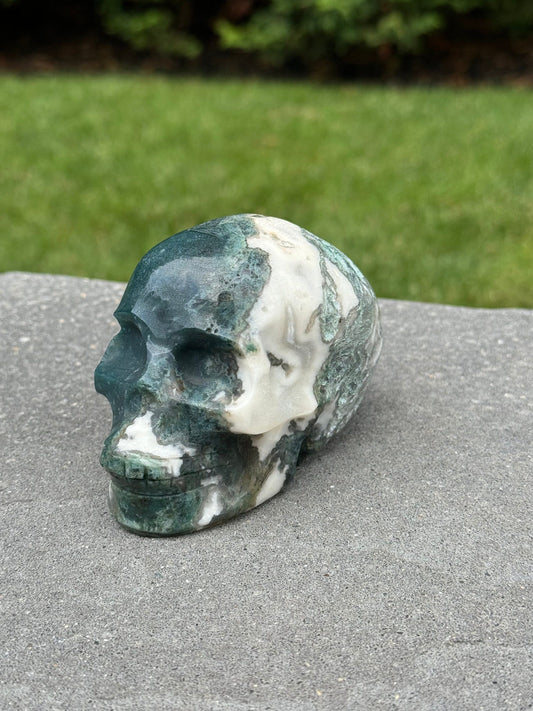 Druzy Moss Agate Skull Carving