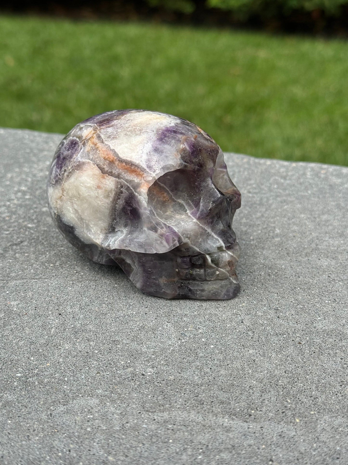 Chevron Amethyst Skull Carving (1.1lbs)