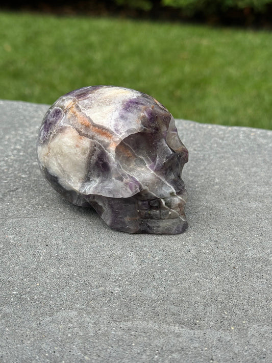 Chevron Amethyst Skull Carving (1.1lbs)